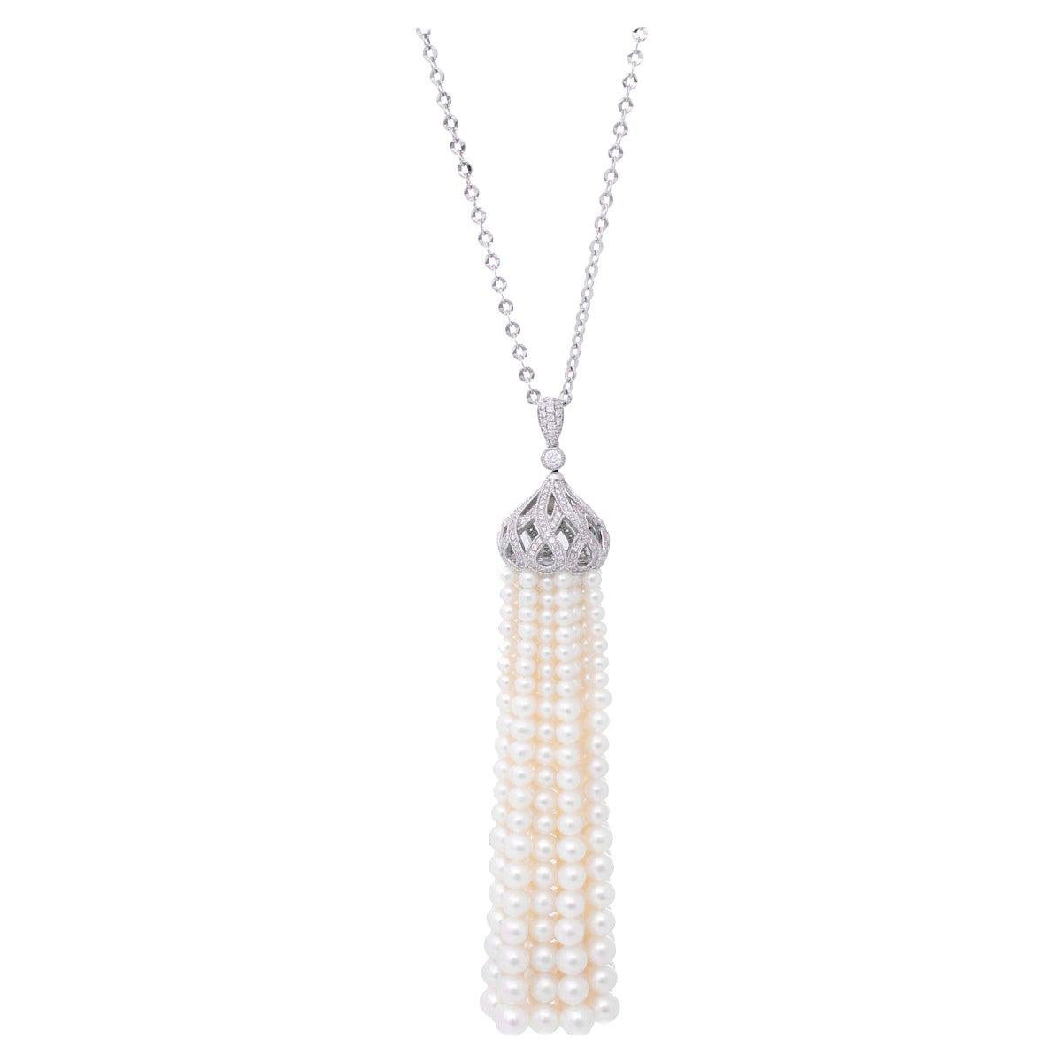Diamond White Gold and Pearl Tassel Necklace For Sale