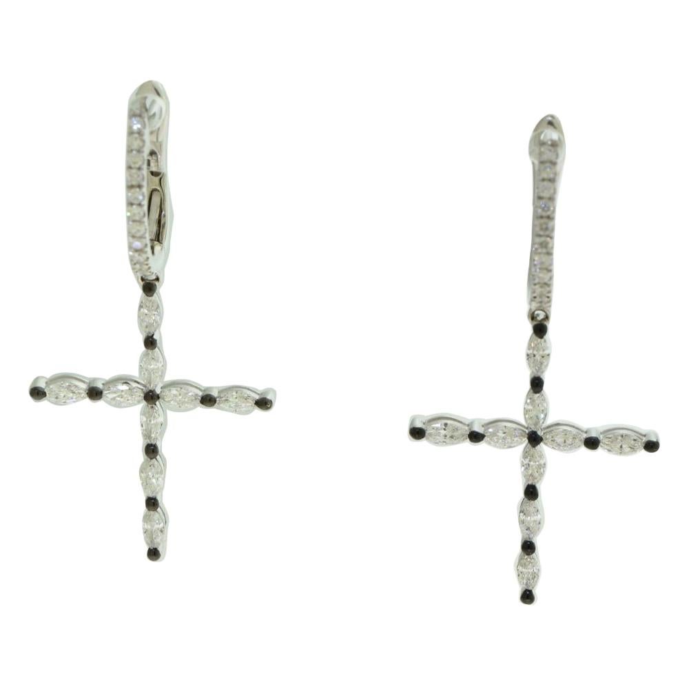 Diamant Weißgold und Saphir Heiliges religiöses Kreuz Tropfenohrringe