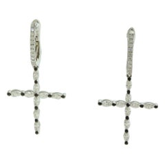 Diamond White Gold and Sapphire Holy Religious Cross Drop Earrings