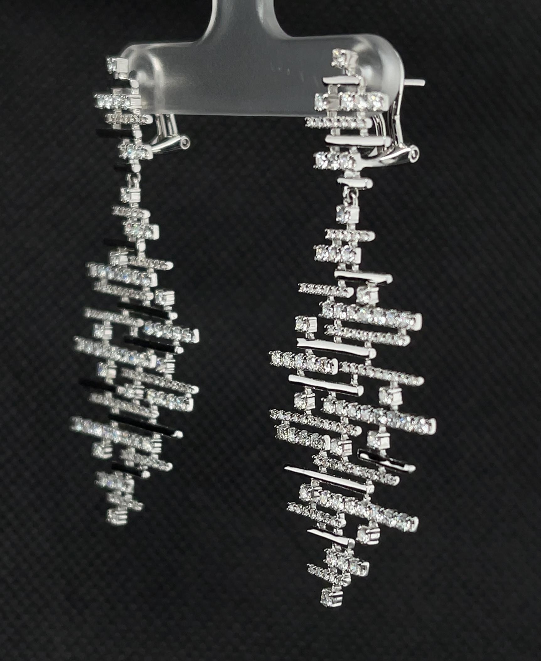 Artisan Diamond Chandelier French Clip Dangle Earrings in White Gold, 2.35 Carats Total