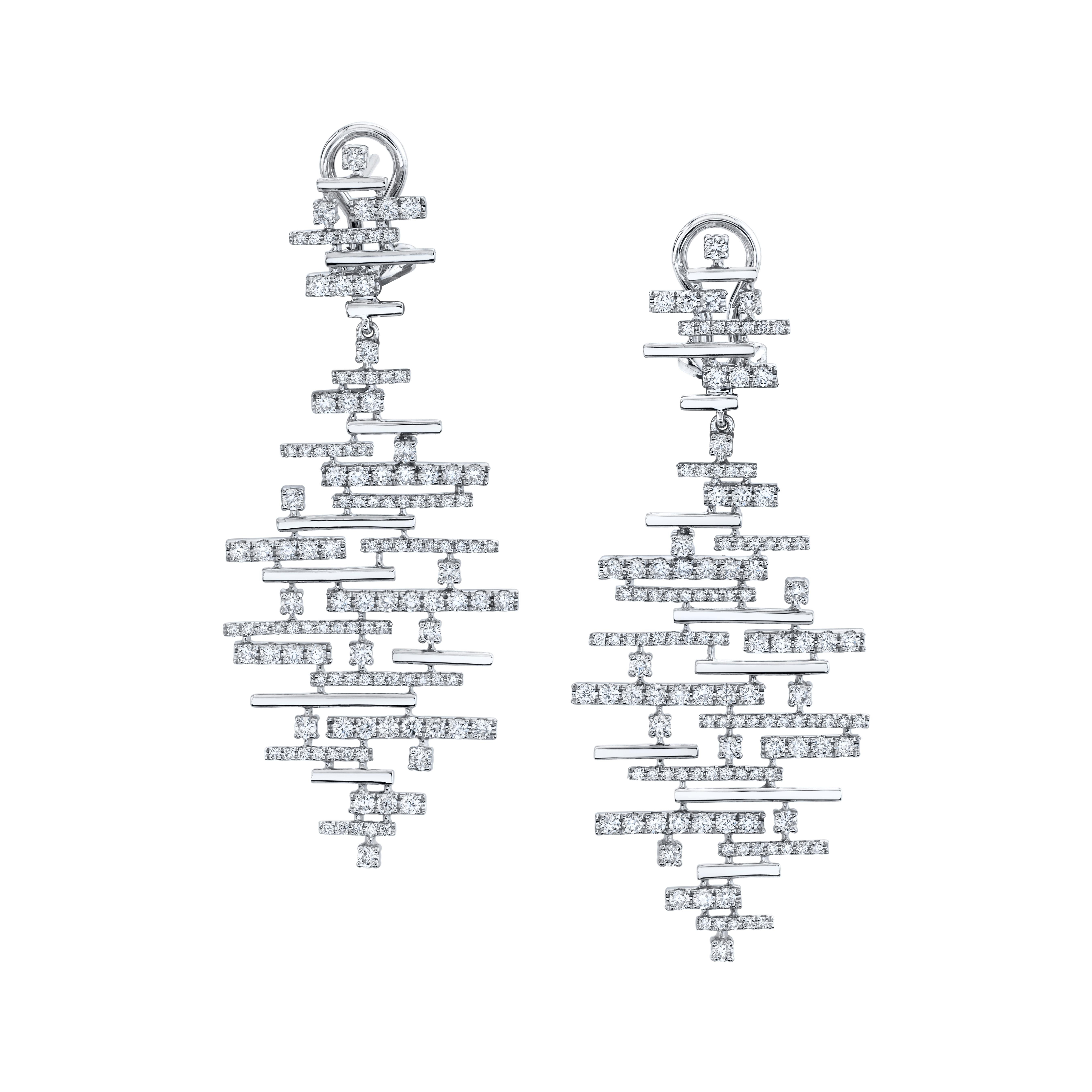 Round Cut Diamond Chandelier French Clip Dangle Earrings in White Gold, 2.35 Carats Total