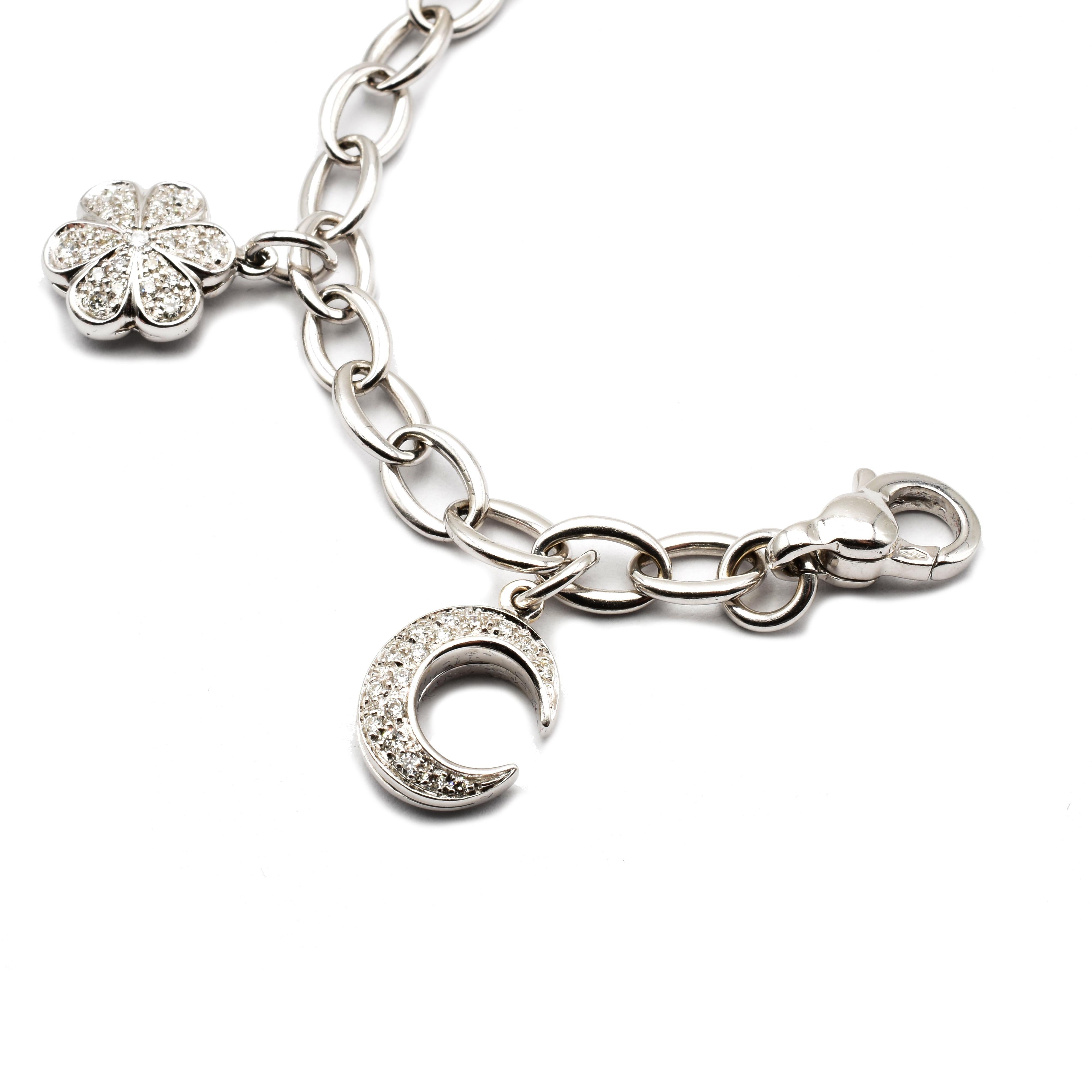 Contemporary Diamond White Gold Charms Bracelet, Made in Italy For Sale