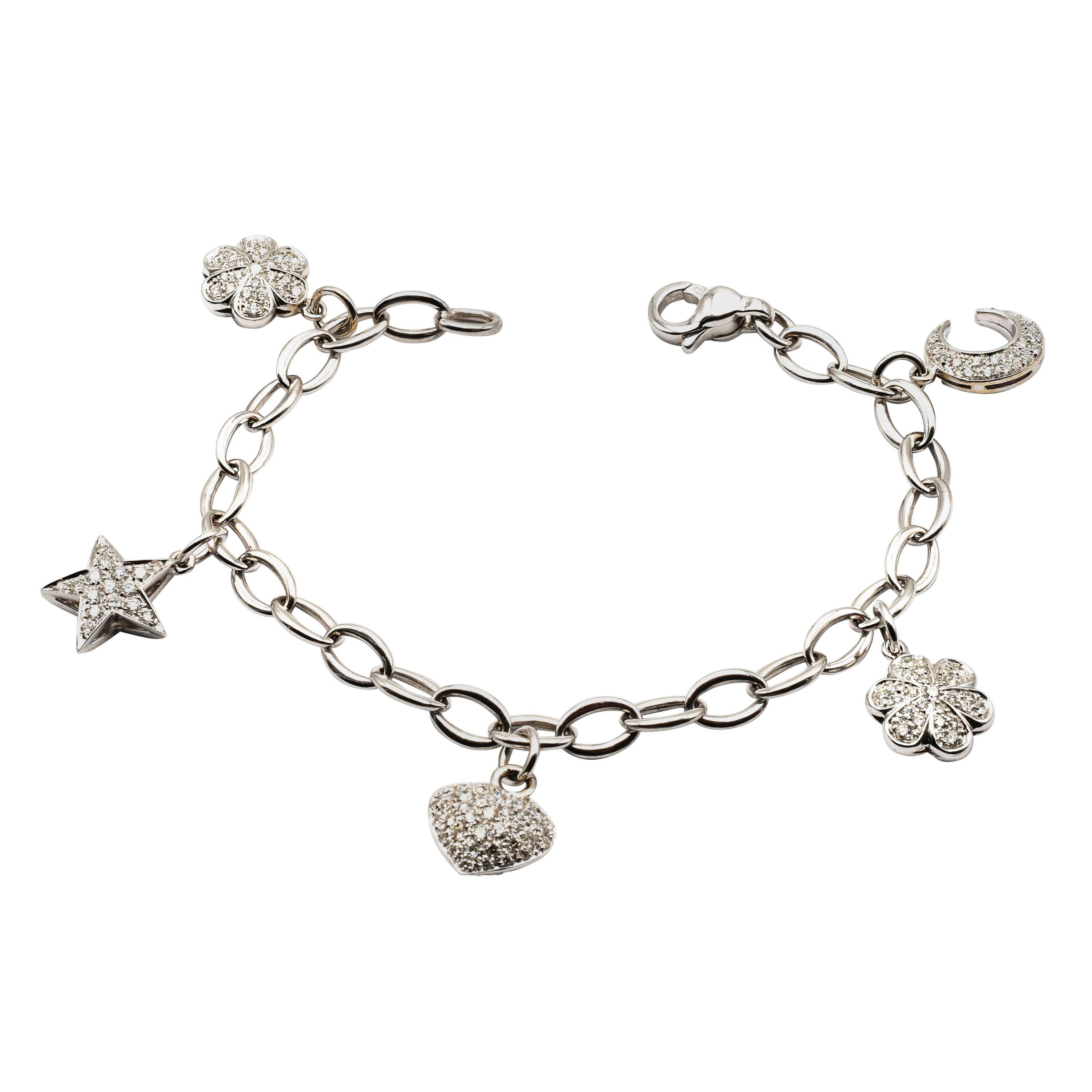 Diamond White Gold Charms Bracelet, Made in Italy For Sale at 1stDibs