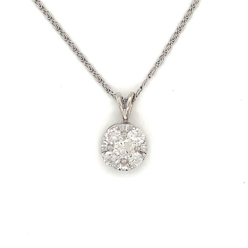 One diamond 14K white gold circular shaped pendant measuring 10 millimeters in diameter featuring 5 round brilliant cut diamonds totaling 1 ct. Set upon an 18K white gold mini S-link chain necklace. Circa 1990s.

Classic, brilliant,