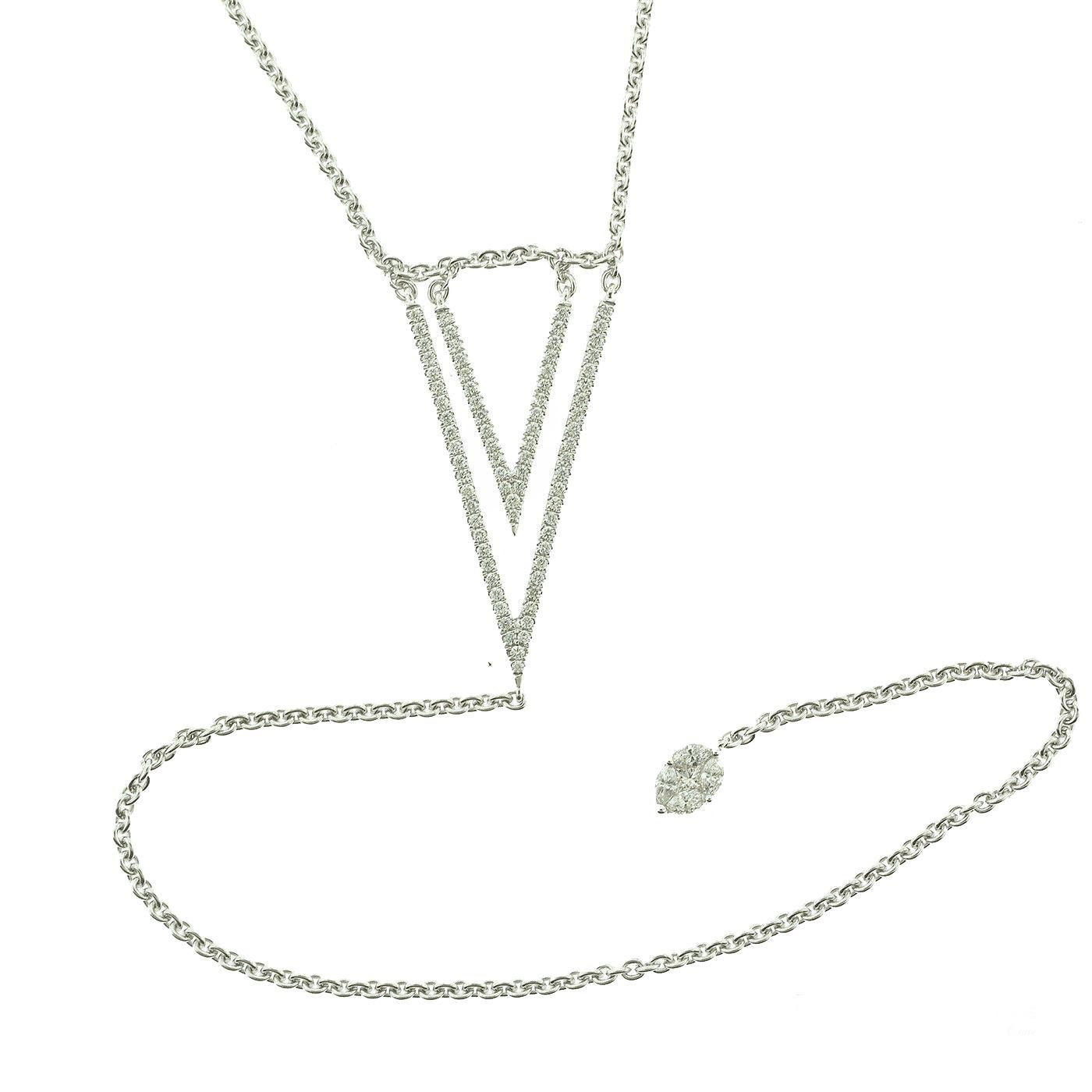 Women's or Men's Diamond and White Gold Double Triangle Long Chain Drop Necklace