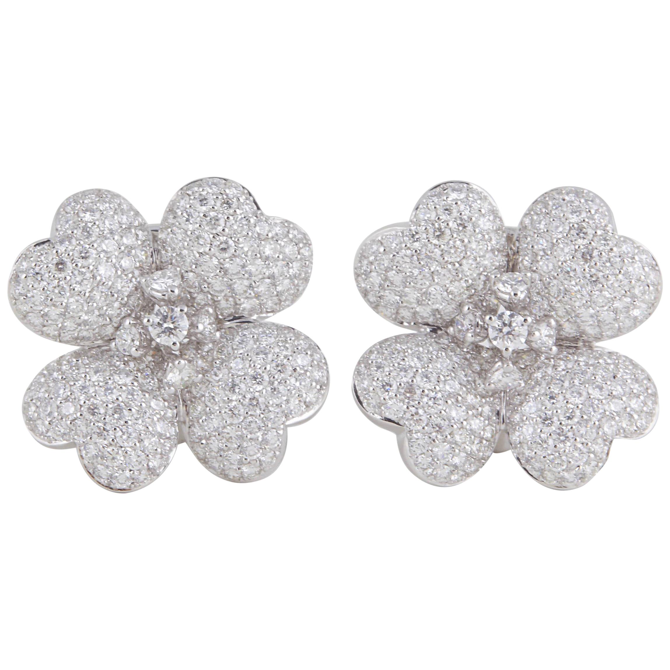 Diamond White Gold Flower Earrings For Sale