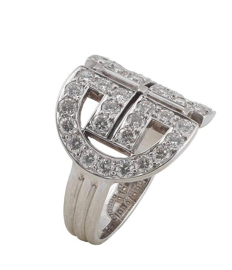 Retro Diamond White Gold Geometric Ring For Sale