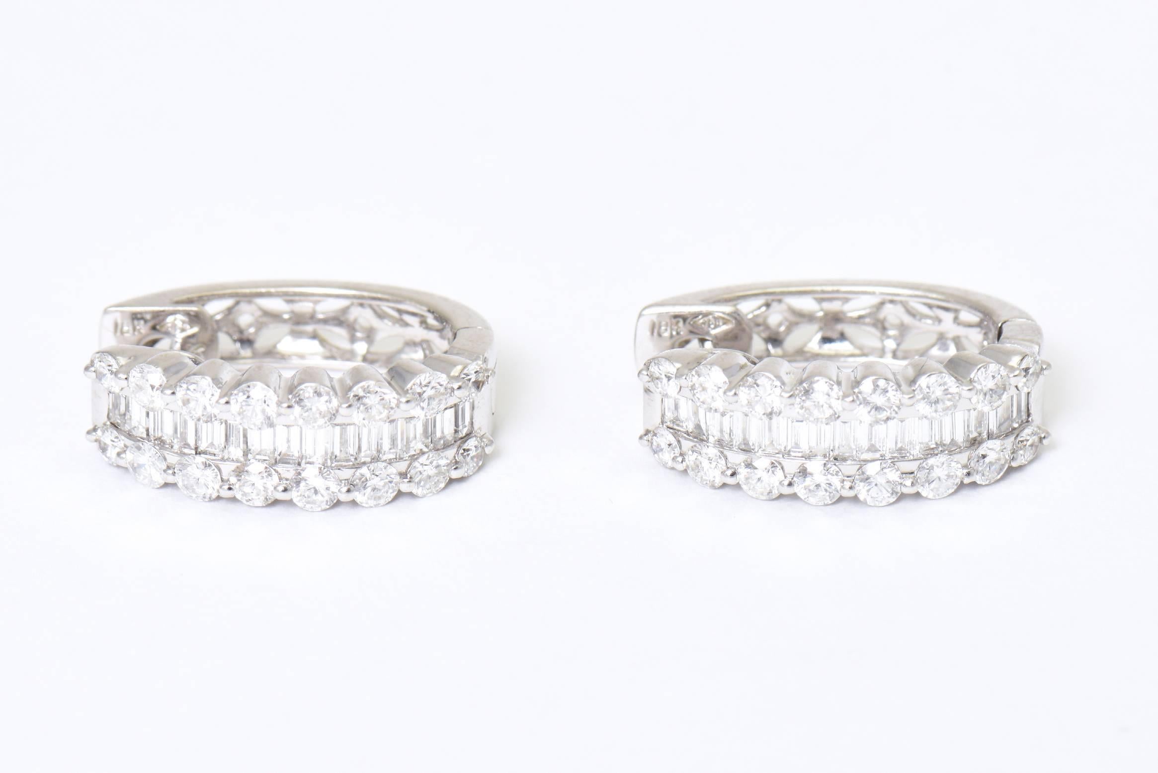 Diamond White Gold Hoop Earrings with Round and Baguette Diamonds In Excellent Condition In Miami Beach, FL