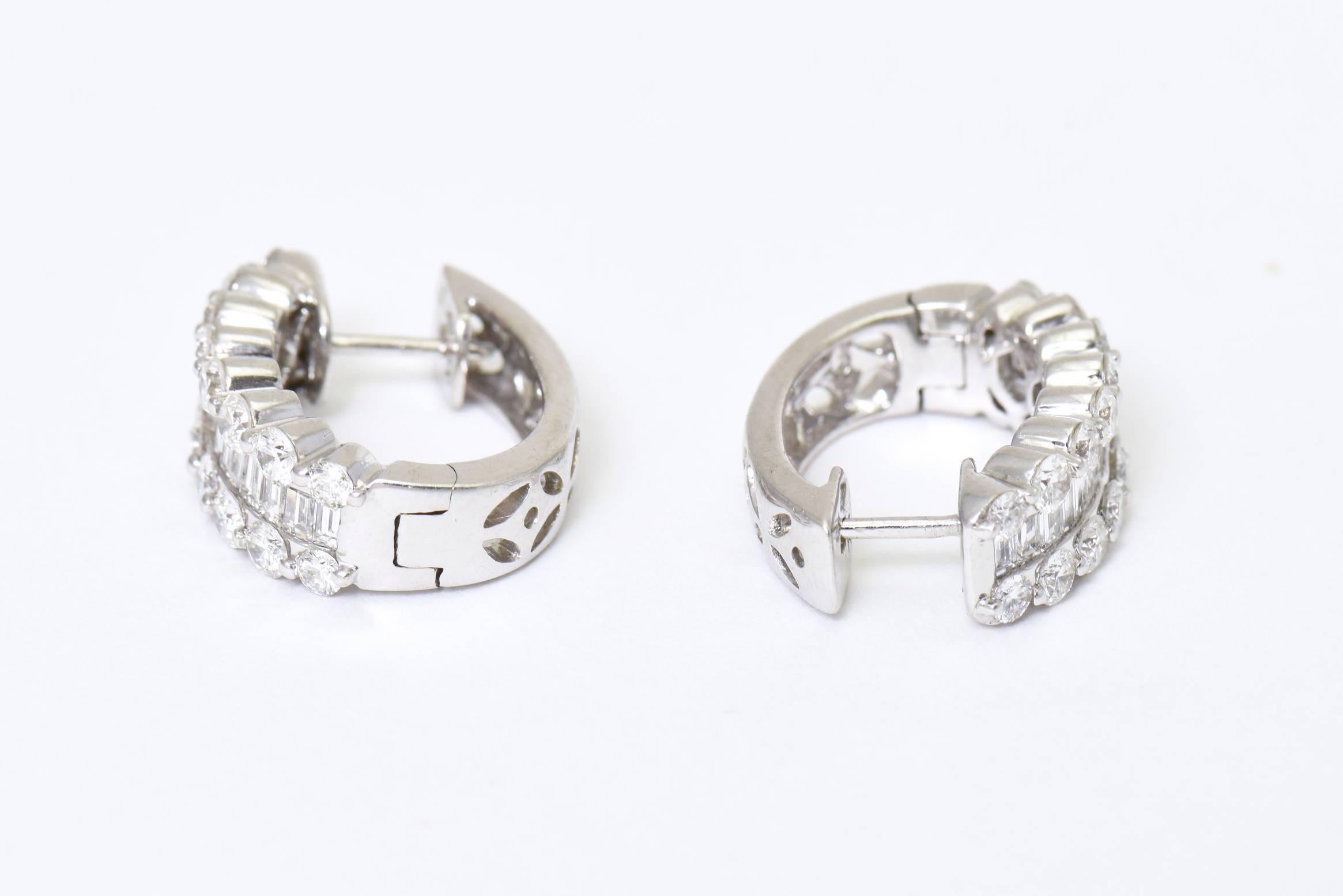 Diamond White Gold Hoop Earrings with Round and Baguette Diamonds 3