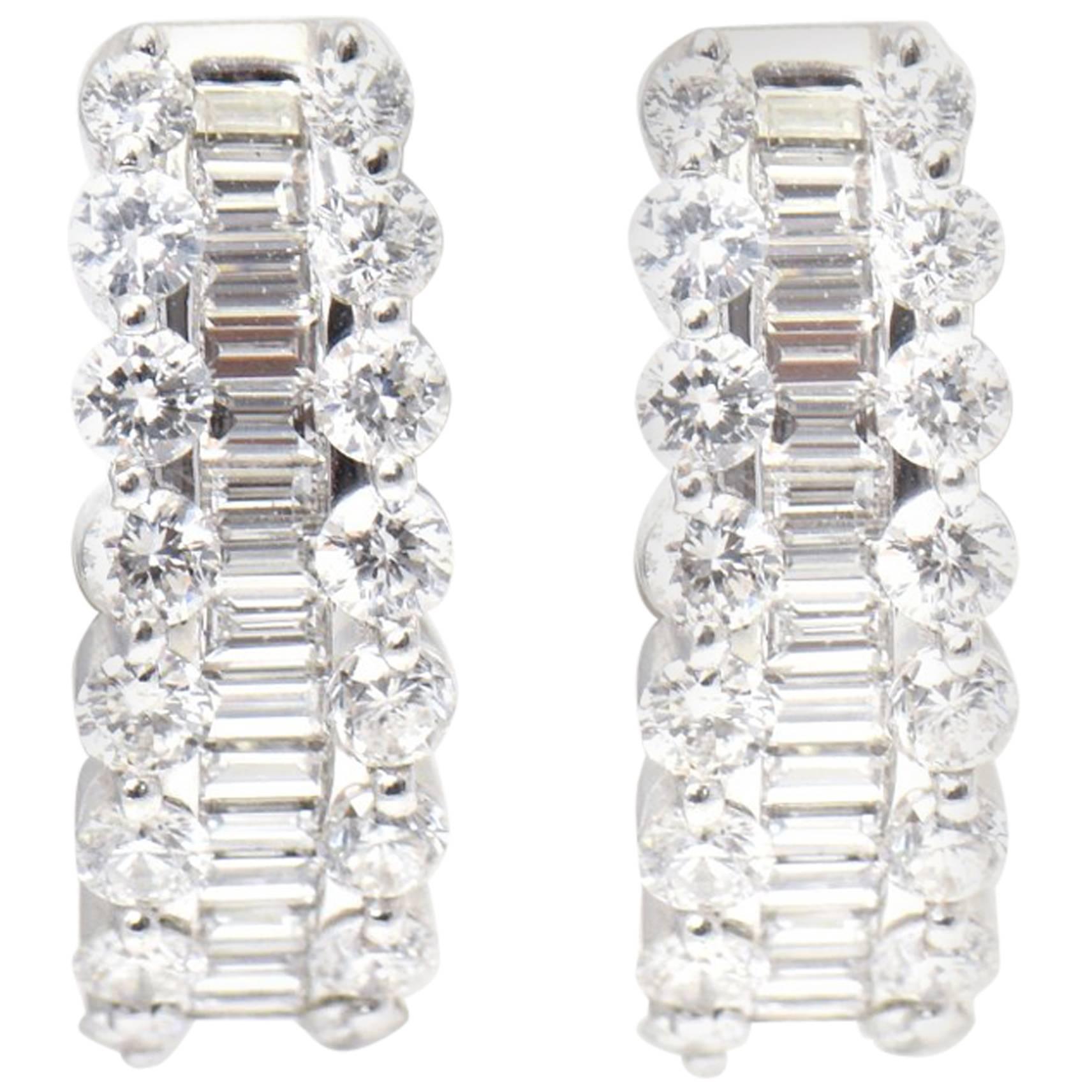 Diamond White Gold Hoop Earrings with Round and Baguette Diamonds at ...