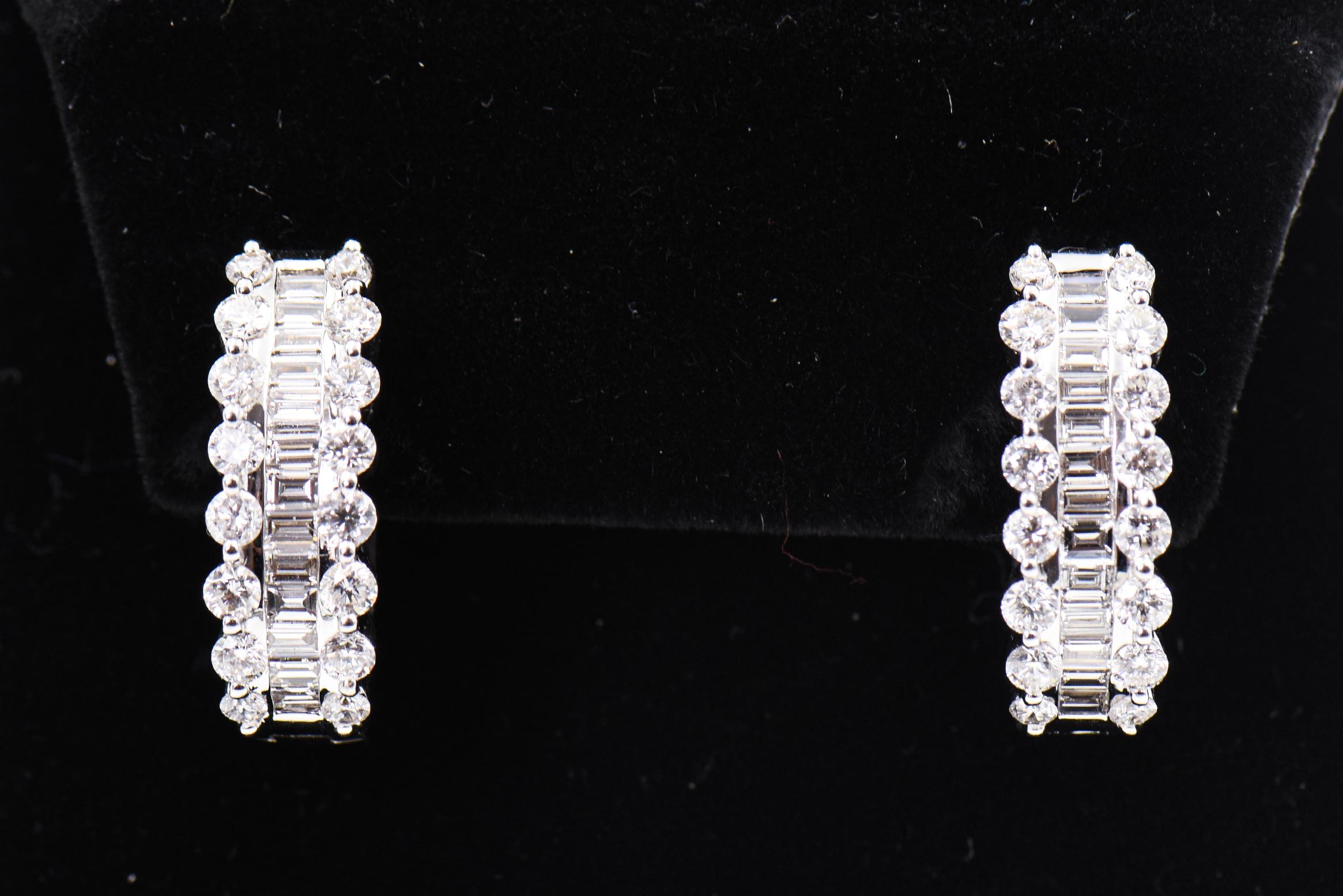 Diamond White Gold Hoop Huggie Earrings with Round and Baguette Daimonds For Sale 5