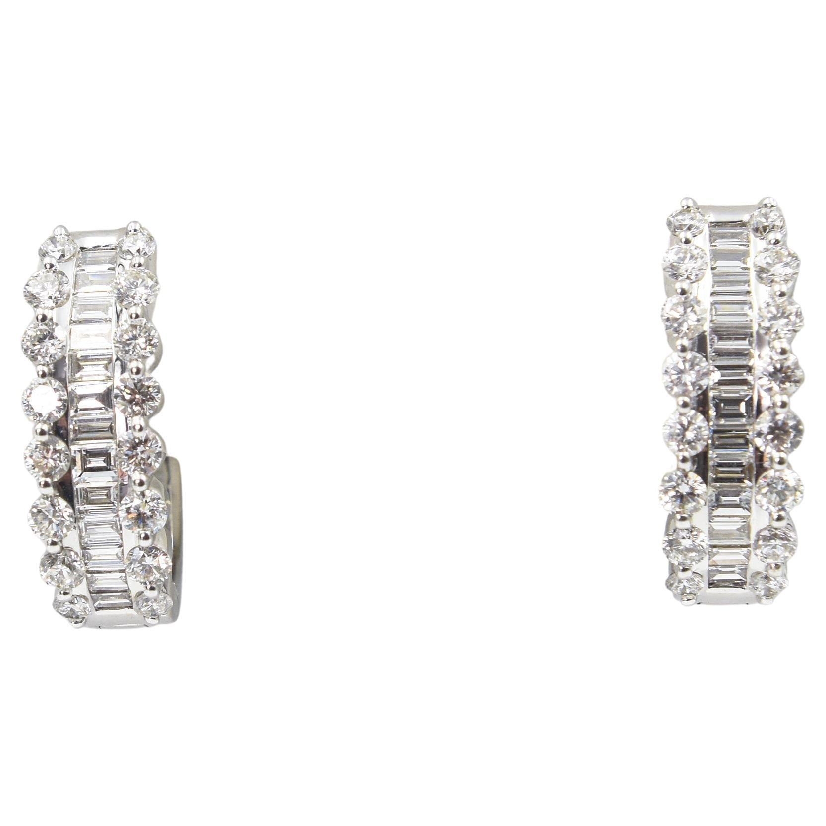 Diamond White Gold Hoop Huggie Earrings with Round and Baguette Daimonds For Sale