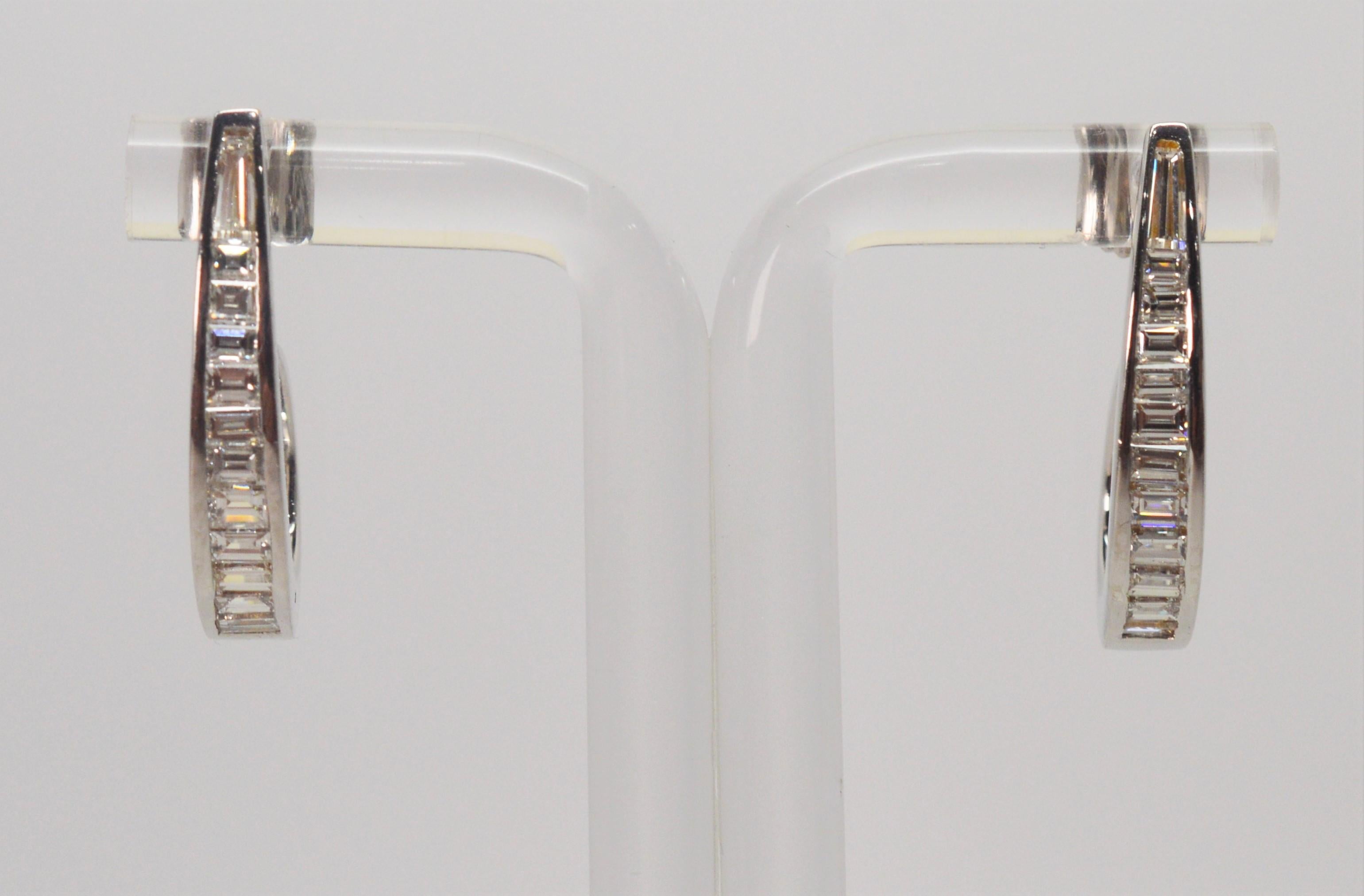 Baguette Cut Diamond White Gold J Hoop Earrings For Sale