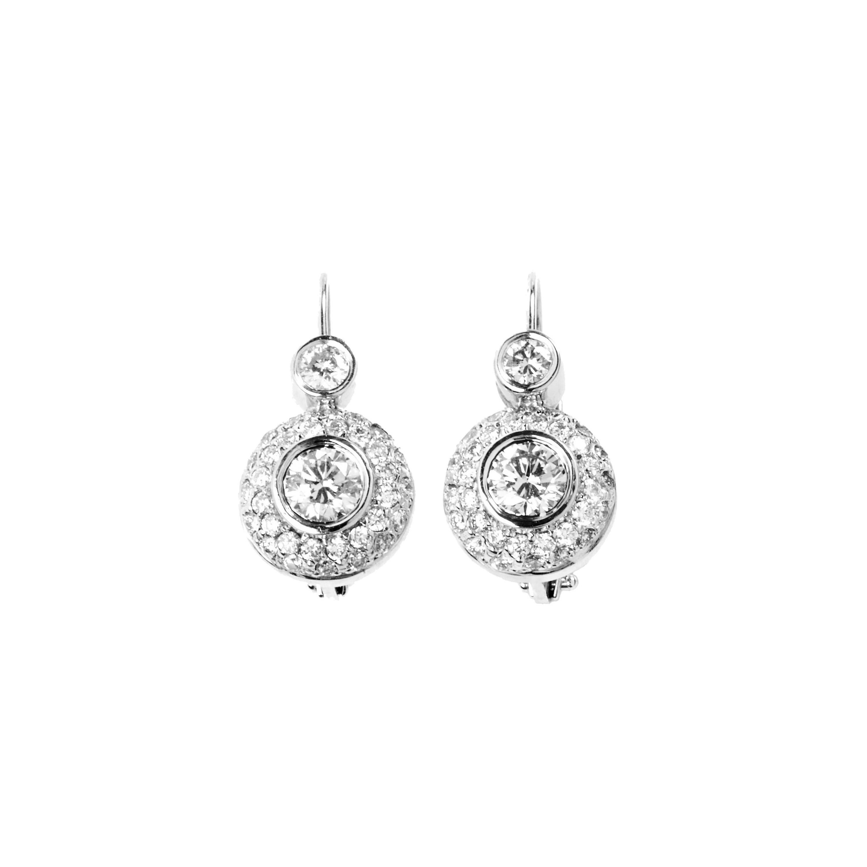 Round Cut Diamond White Gold Lever Back Drop Earrings