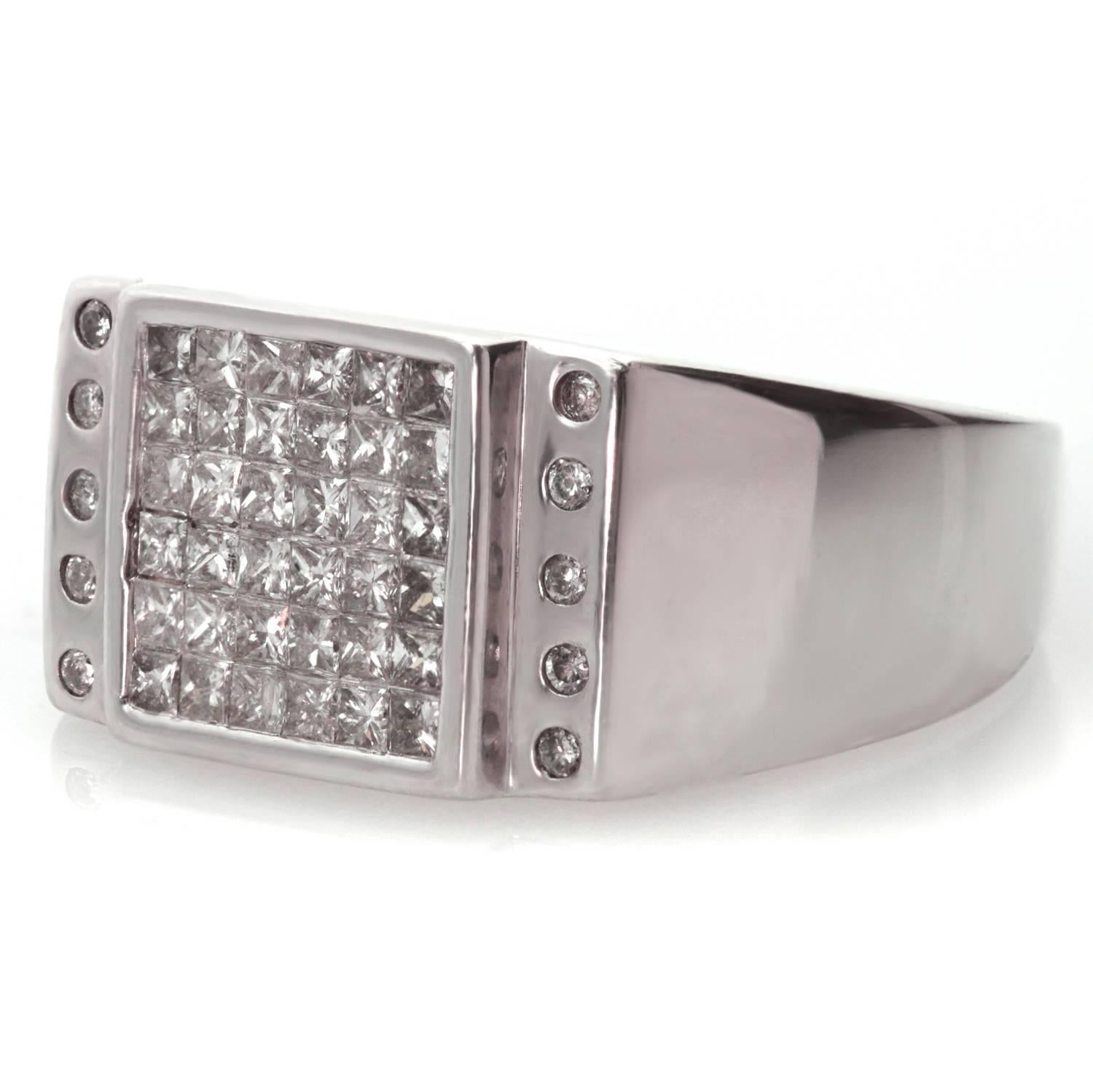 This modern men's ring is made in 14k white gold and features an estimated 1.20 carats of princess-cut round diamonds in an invisible setting. Measurements: 0.43