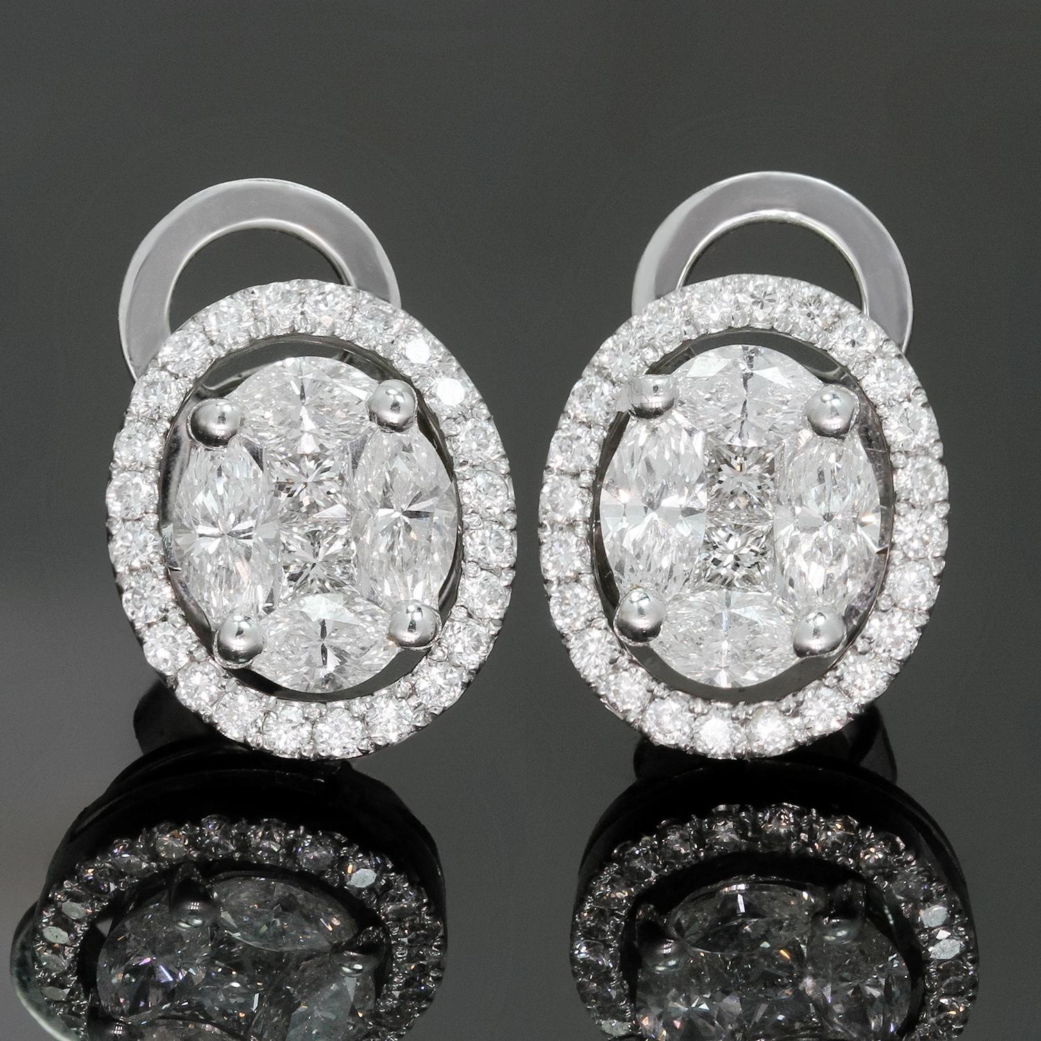 These classic earrings feature an oval design crafted in 18k white gold and set with marquise-shaped diamonds weighing an estimated 1.00 carat, accented with square brilliant-cut diamonds weighing an estimated 0.20 carats and completed with earring