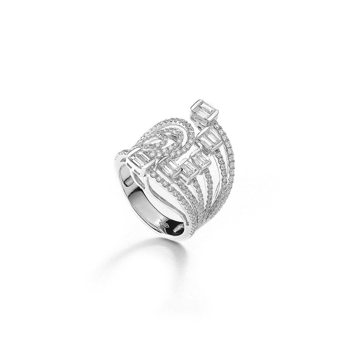 Ring in 18kt white gold set with 12 baguette cut diamonds 0.76 cts and 159 diamonds 1.08 cts Size 54    