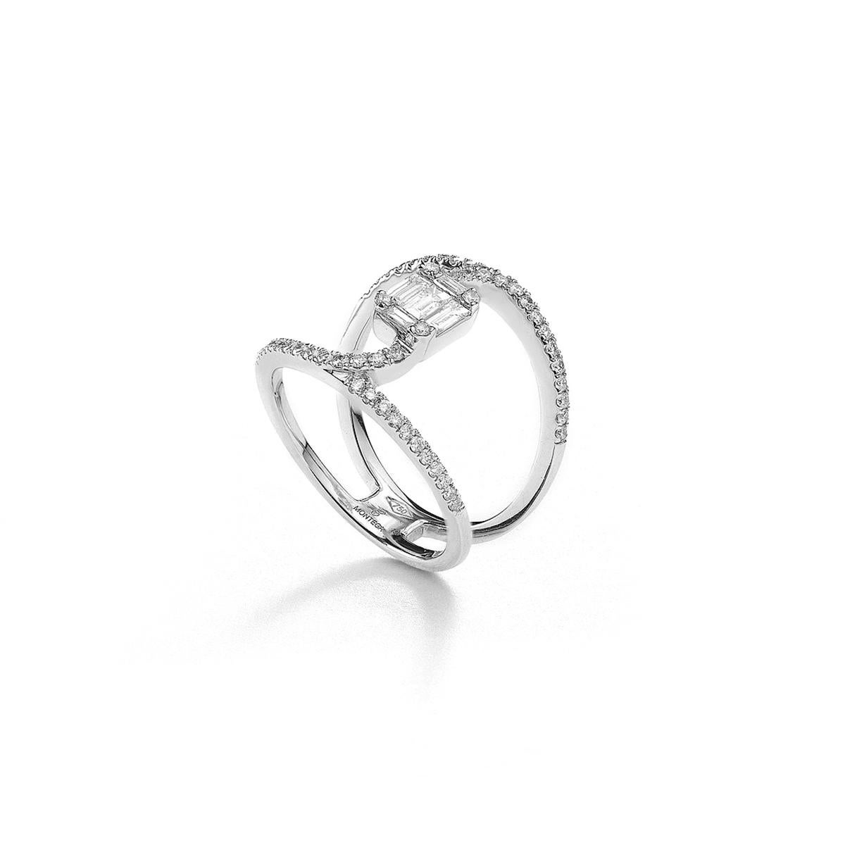 Ring in 18kt white gold set with 5 baguette cut diamonds 0.25 cts and 53 diamonds 0.39 cts Size 53