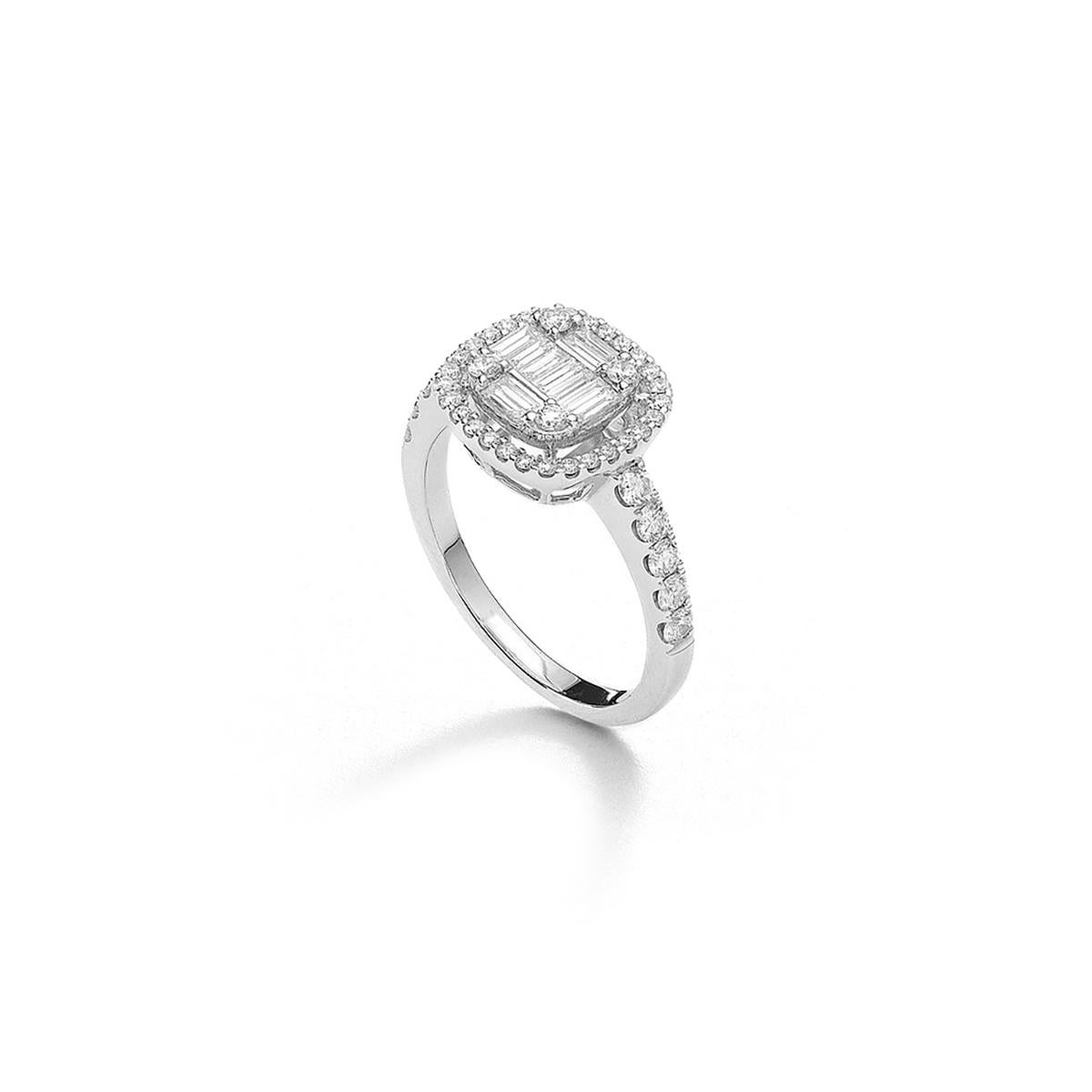 Ring in 18kt white gold set with 11 baguette cut diamonds 0.26 cts and 43 diamonds 0.59 cts Size 53