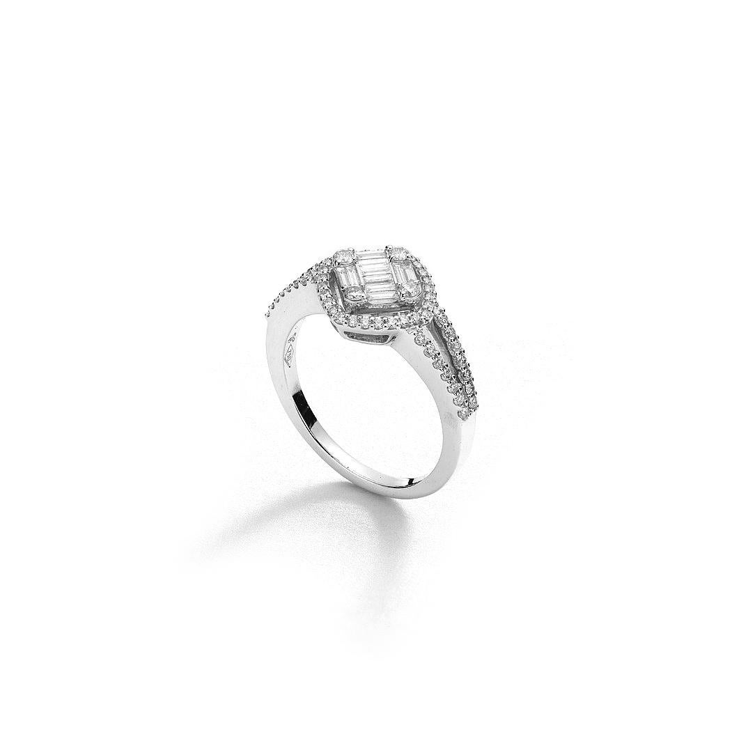 Ring in 18kt white gold set with 50 diamonds 0.30 cts and 17 baguette cut diamonds 0.52 cts       