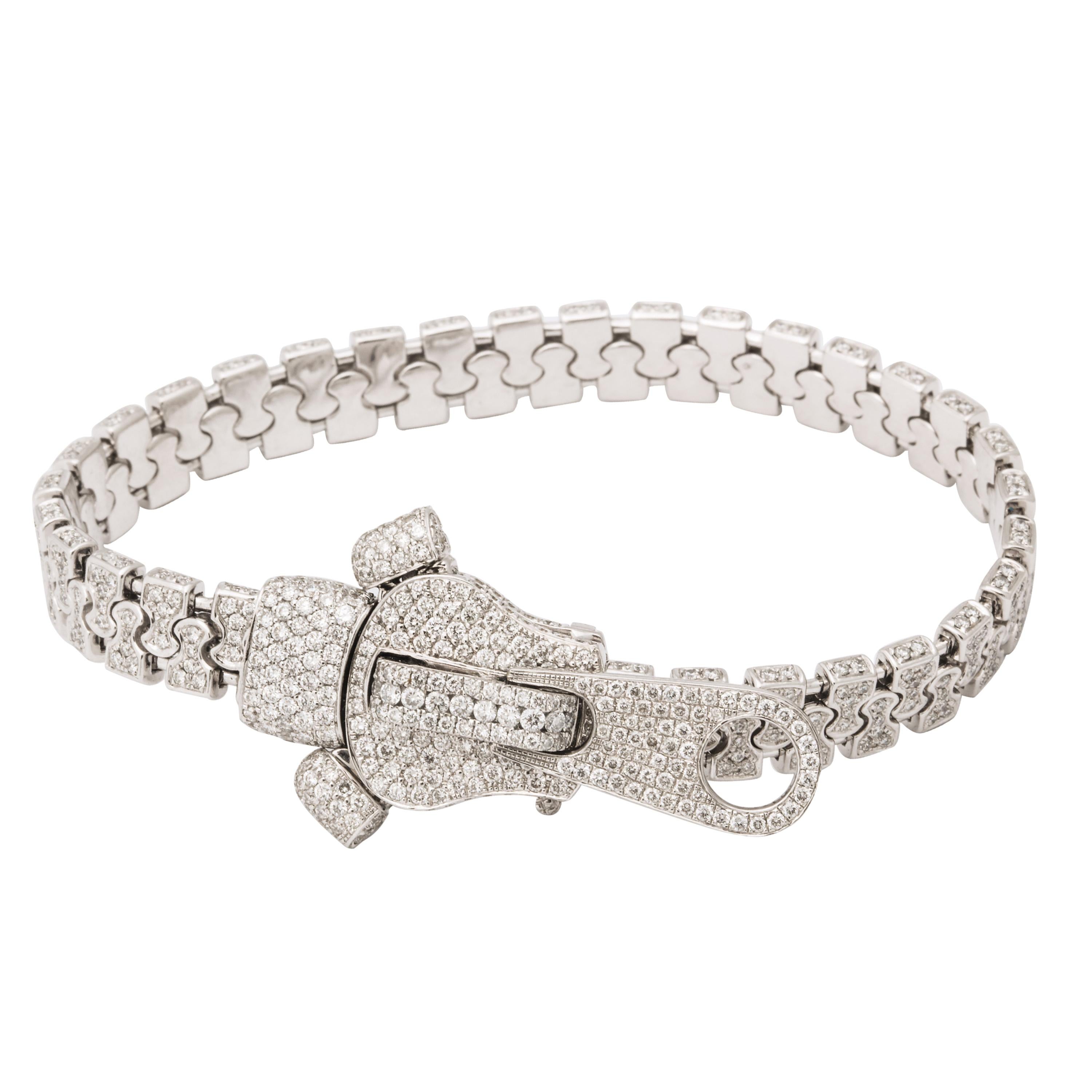 The most luxurious and decadent zipper that you have ever seen, this fully diamond set bracelet is a unique piece.  The jeweled zipper is a period design made by some of the famous French maisons, and generally seen as a necklace.  With nearly 5cts