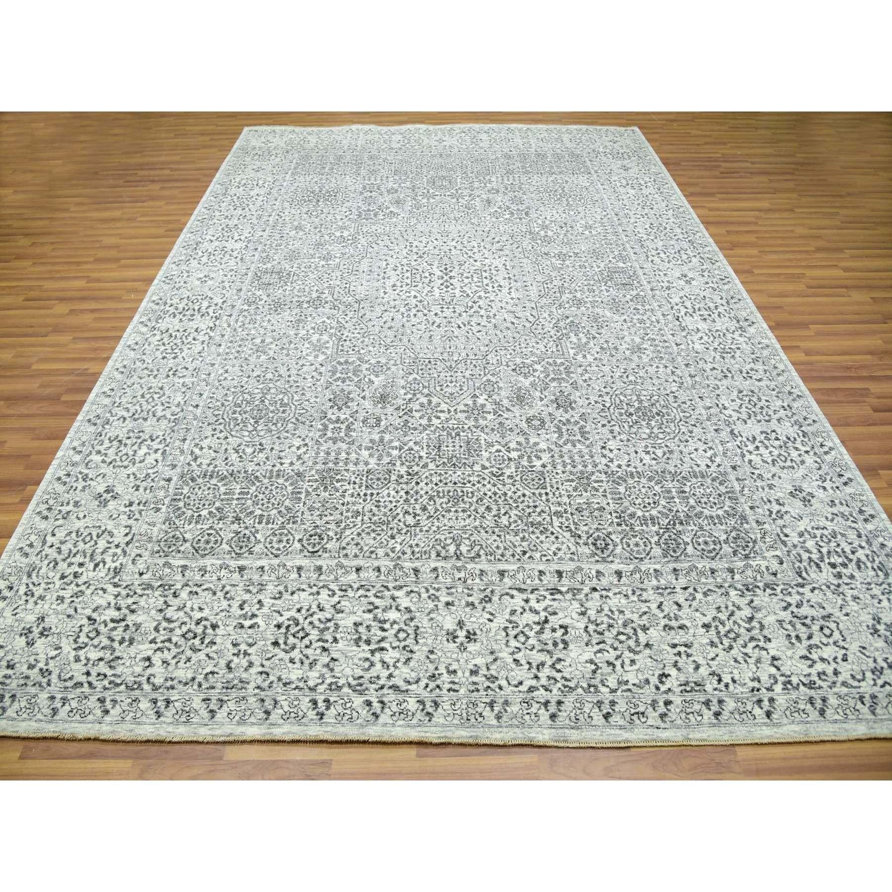 Medieval Diamond White Mamluk Dynasty Hand Knotted Undyed Wool Oriental Rug 9'0