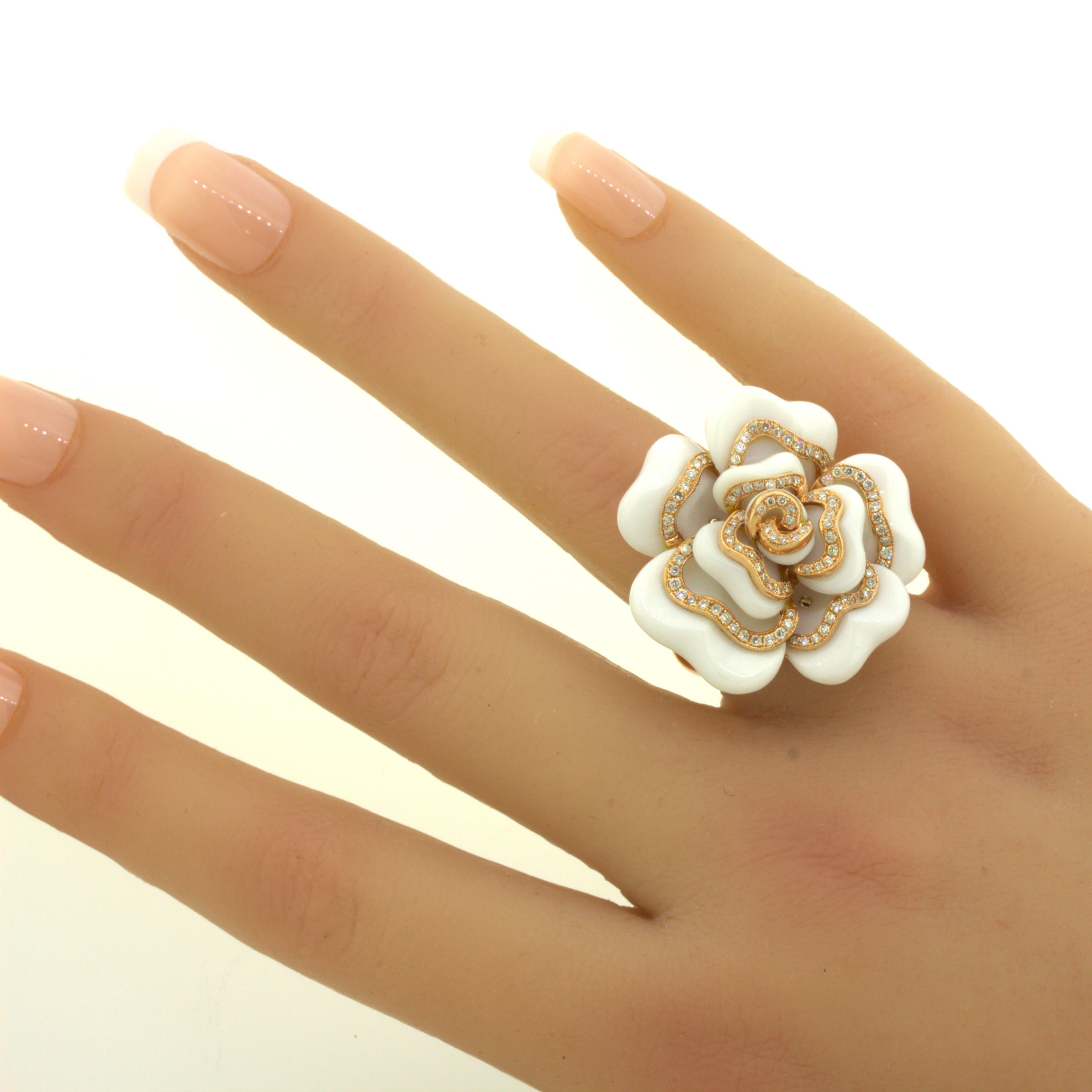 Diamond White-Onyx 18k Rose Gold Camellia Flower Cocktail Ring For Sale 5