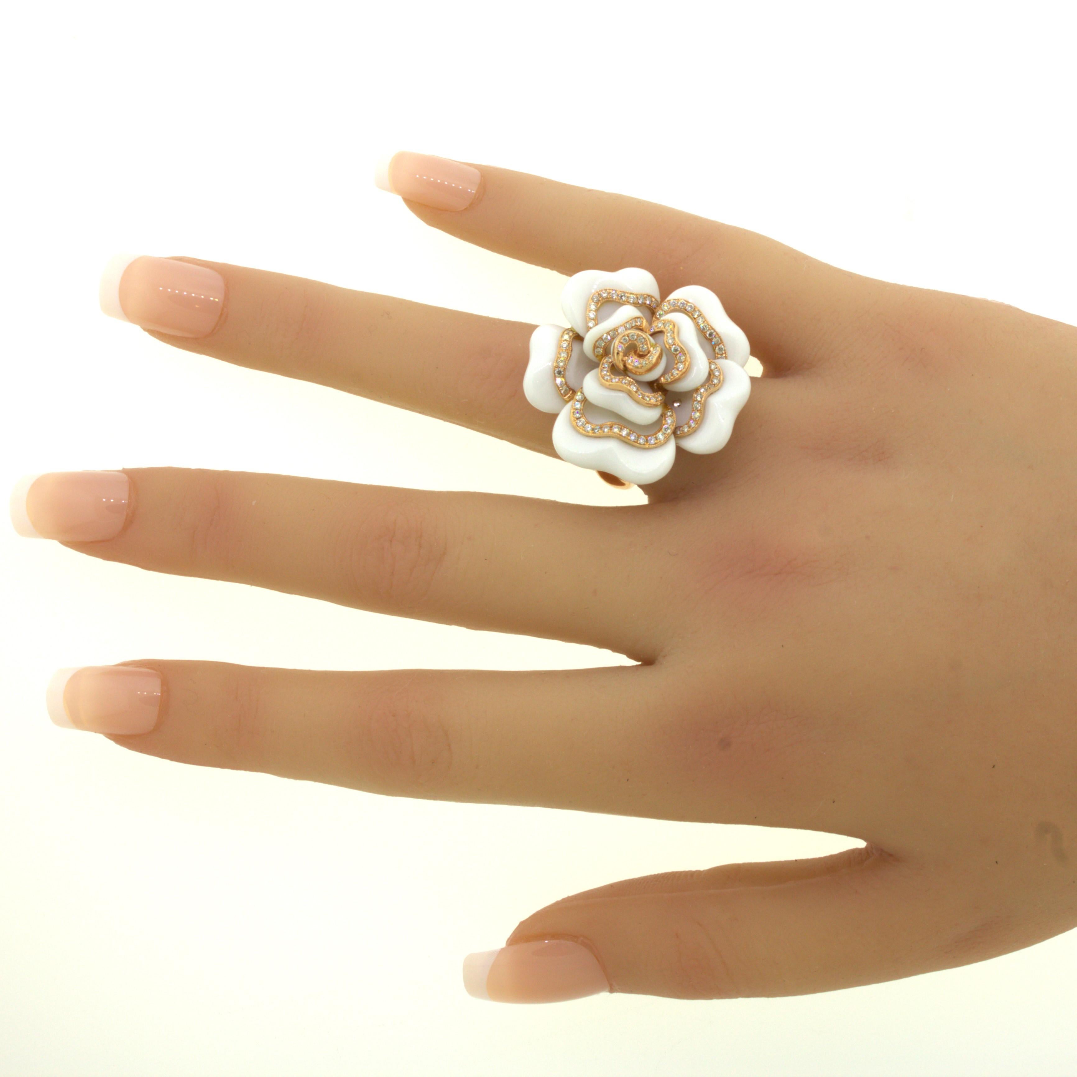 Diamond White-Onyx 18k Rose Gold Camellia Flower Cocktail Ring For Sale 6