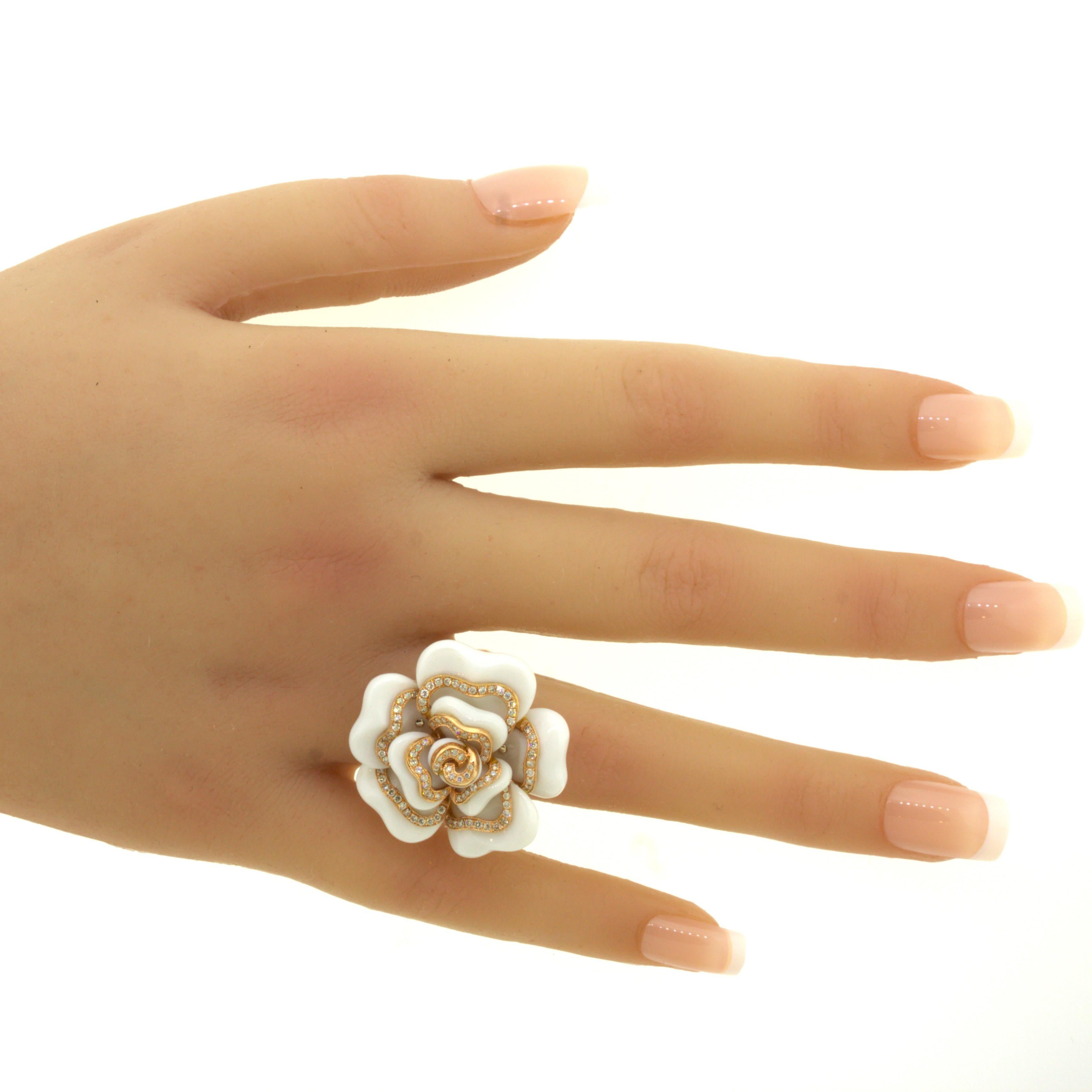 Diamond White-Onyx 18k Rose Gold Camellia Flower Cocktail Ring For Sale 7