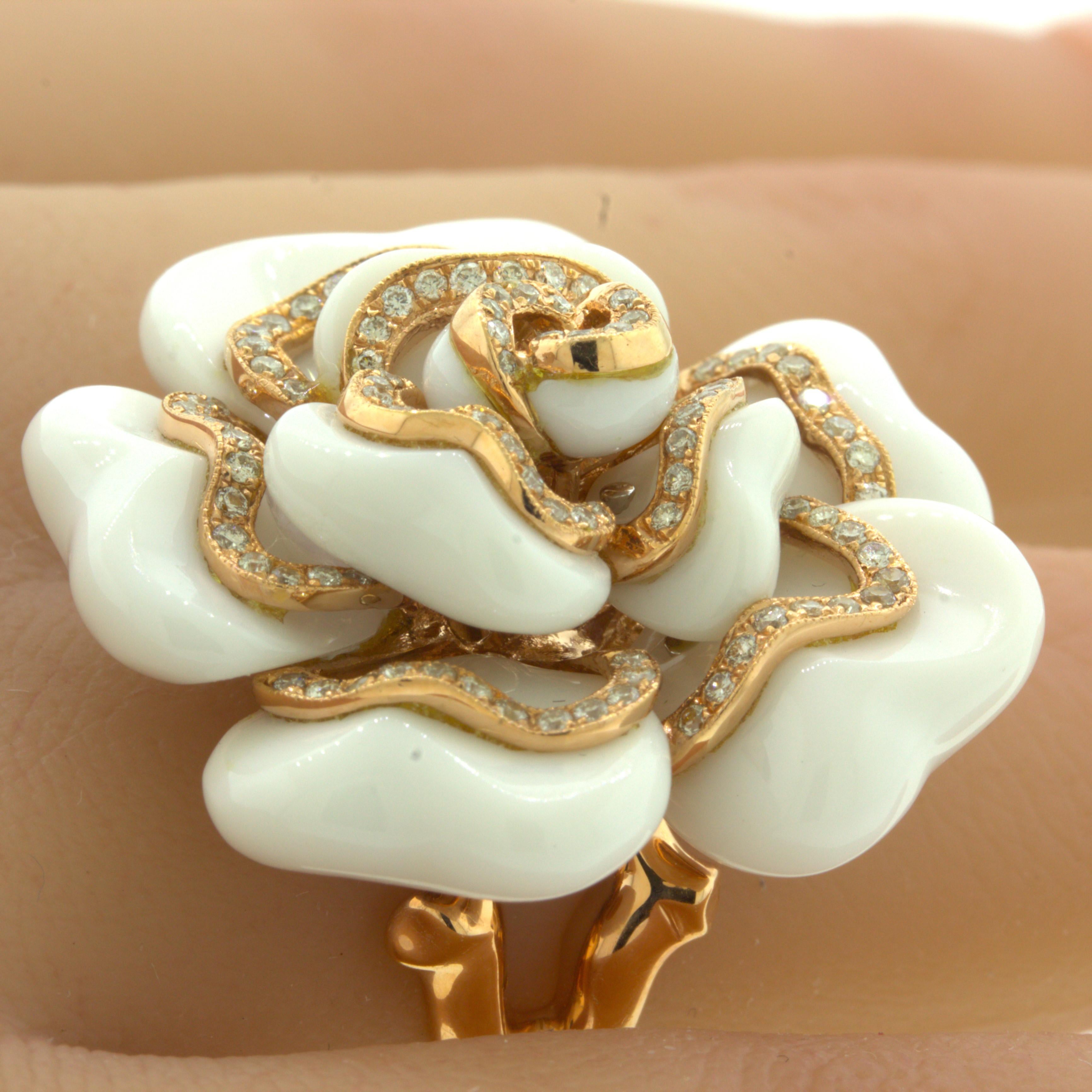 Women's Diamond White-Onyx 18k Rose Gold Camellia Flower Cocktail Ring For Sale
