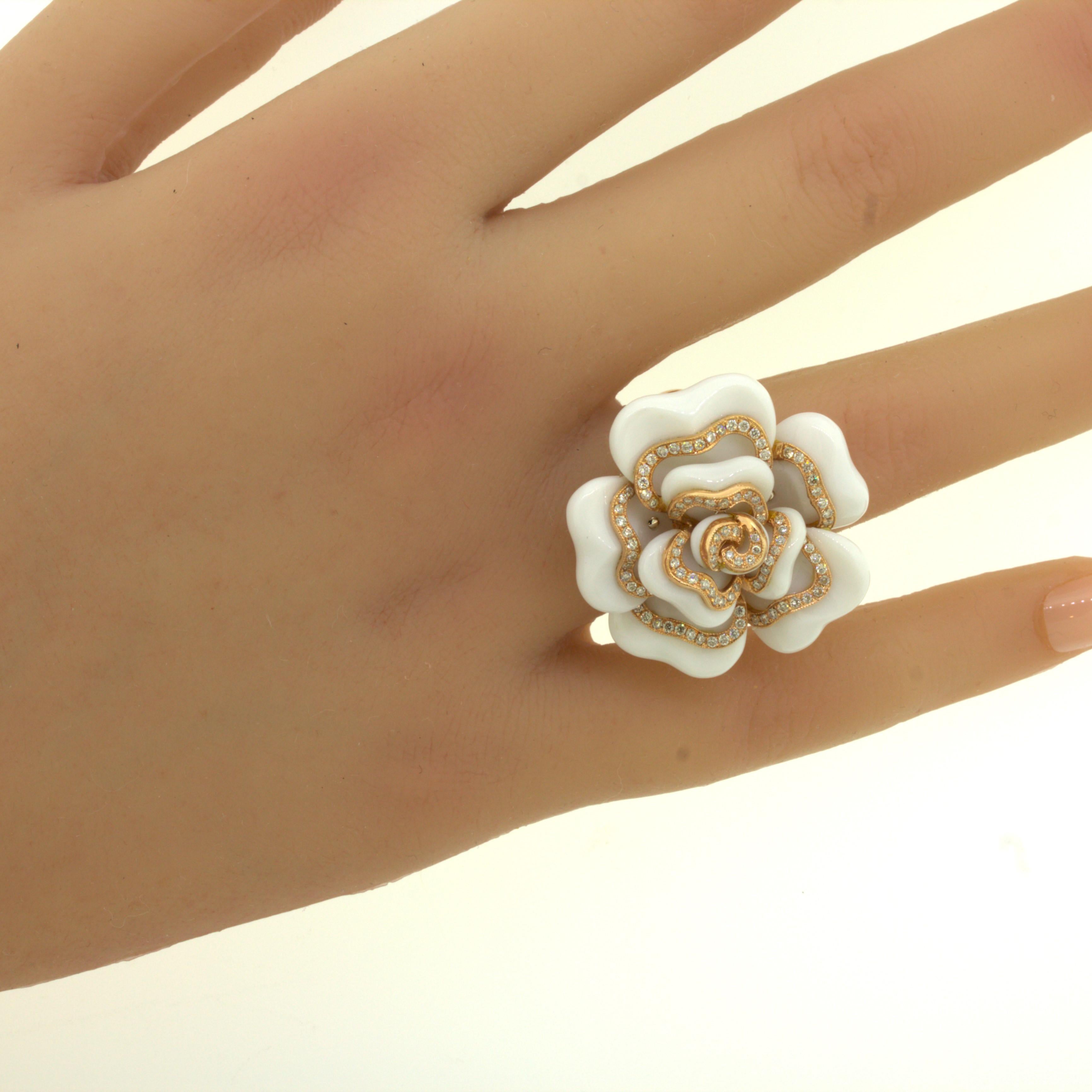 Diamond White-Onyx 18k Rose Gold Camellia Flower Cocktail Ring For Sale 2