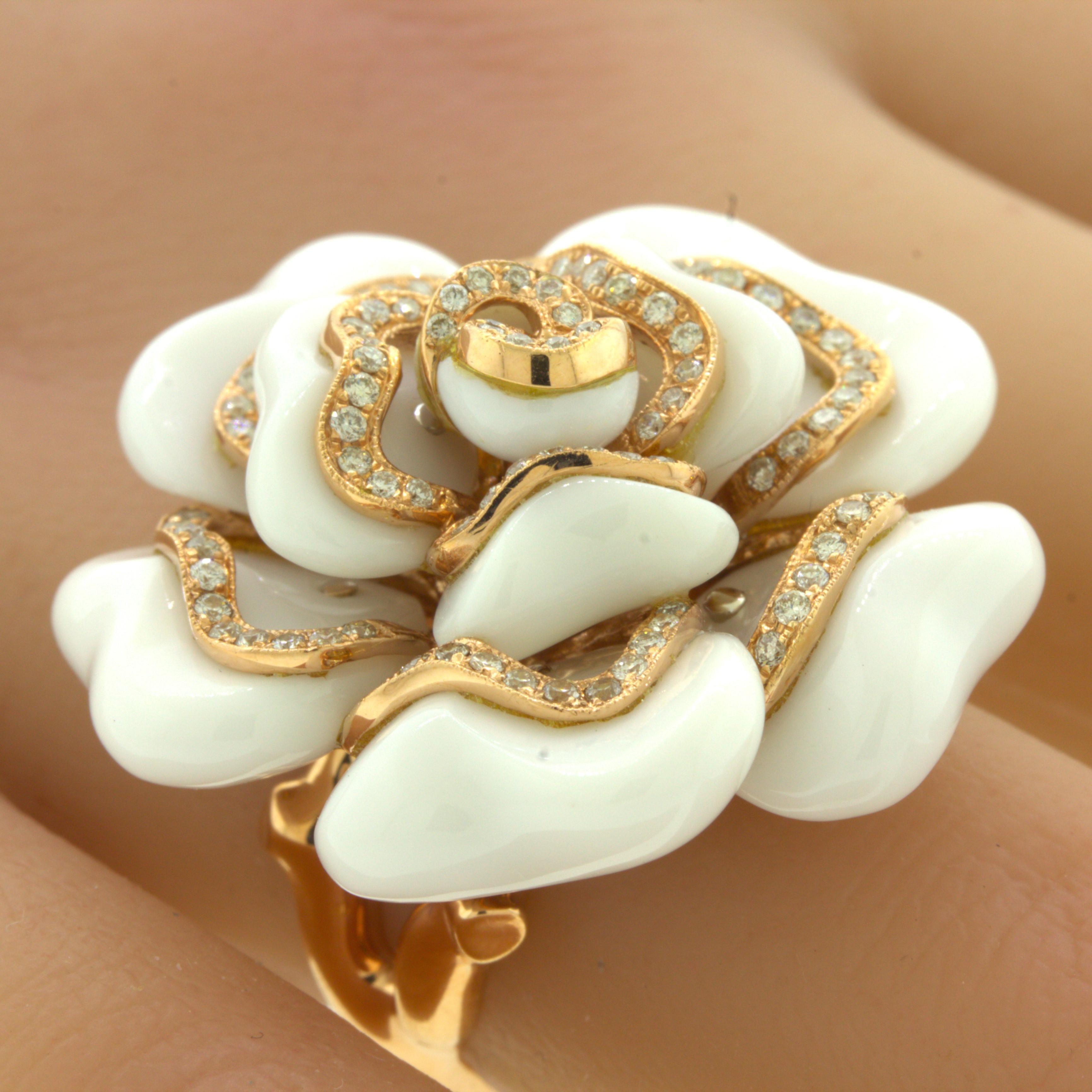Diamond White-Onyx 18k Rose Gold Camellia Flower Cocktail Ring For Sale 3