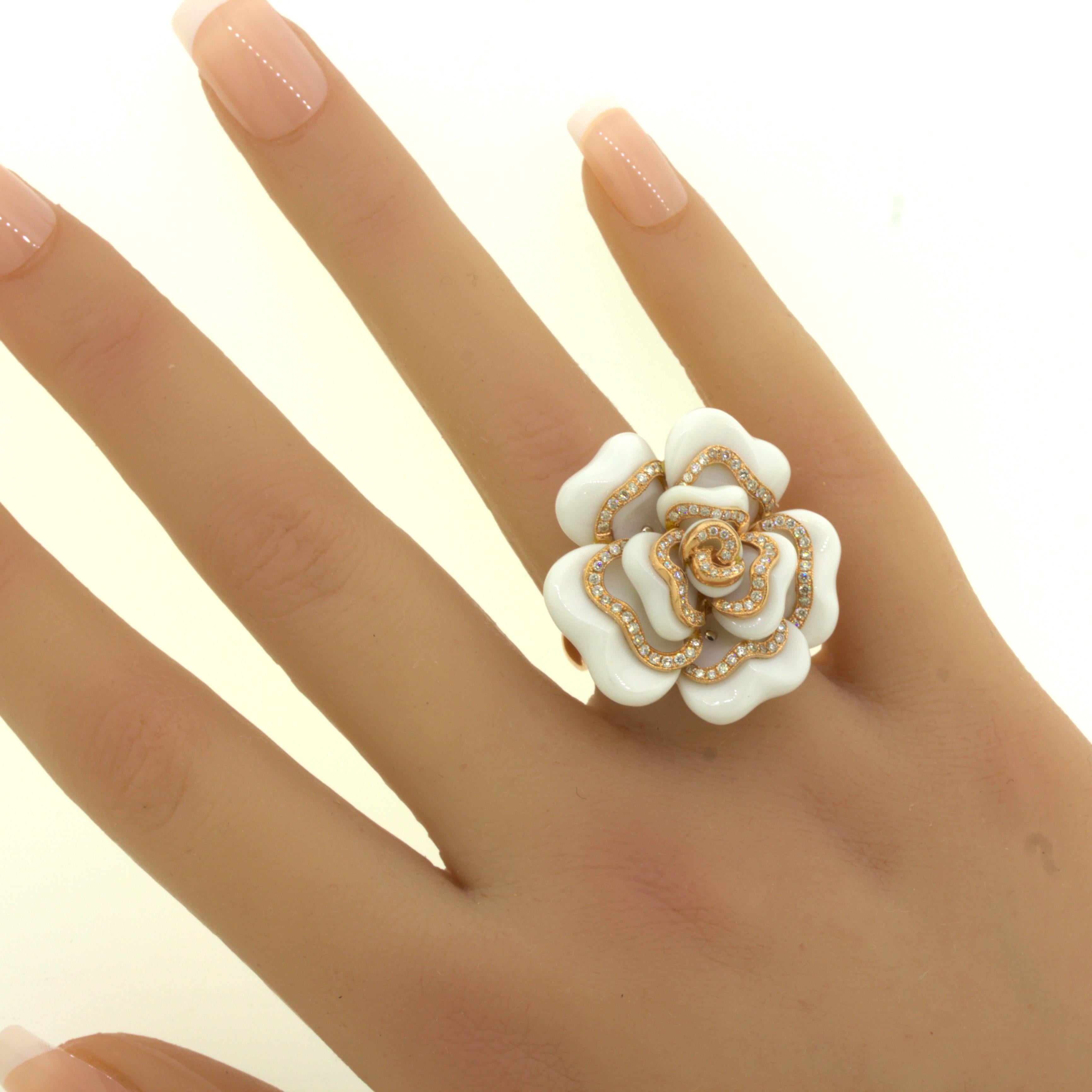 Diamond White-Onyx 18k Rose Gold Camellia Flower Cocktail Ring For Sale 4