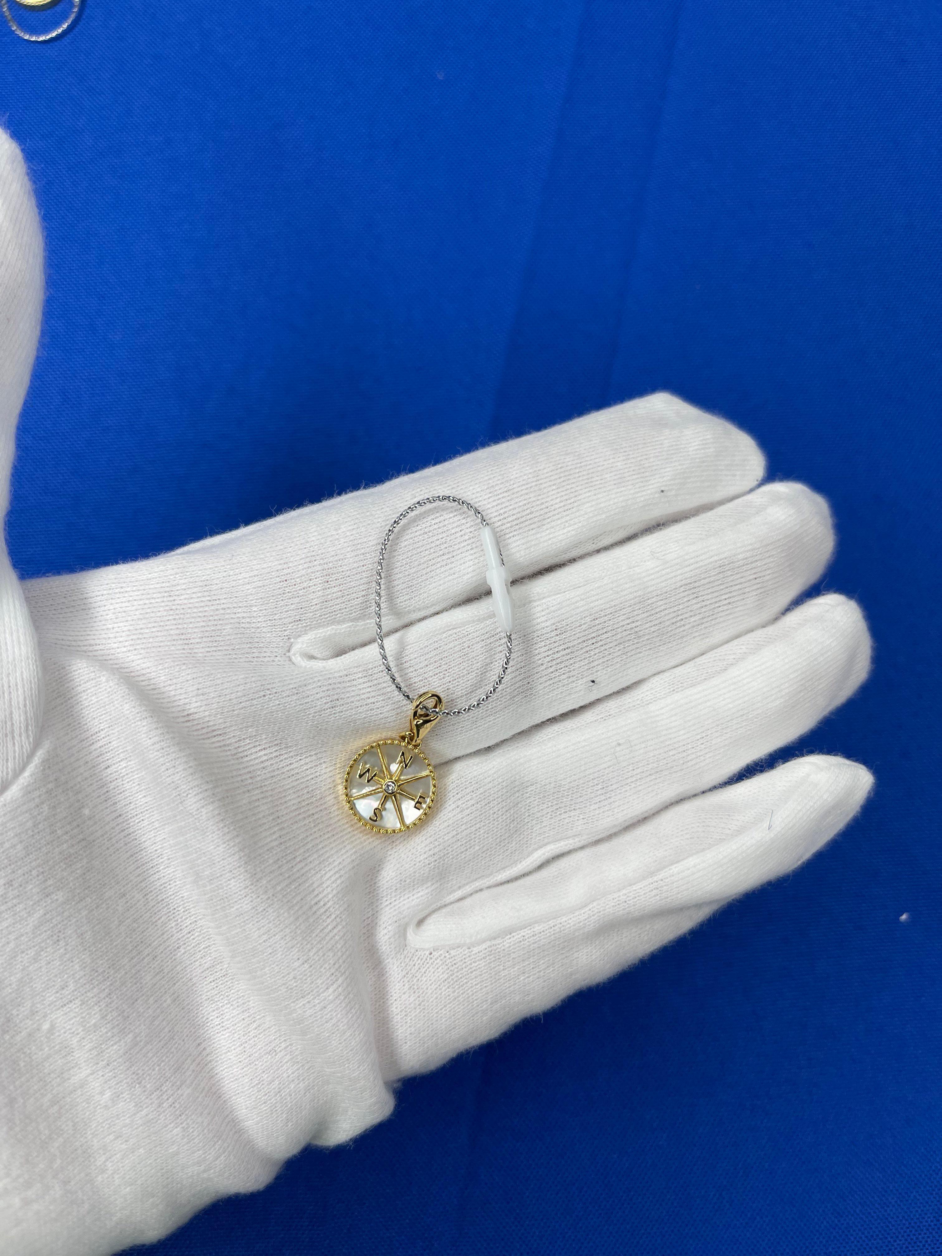 Modern Diamond White Pearl Compass Bezel Medallion 18 Karat Yellow Gold Charm Pendant