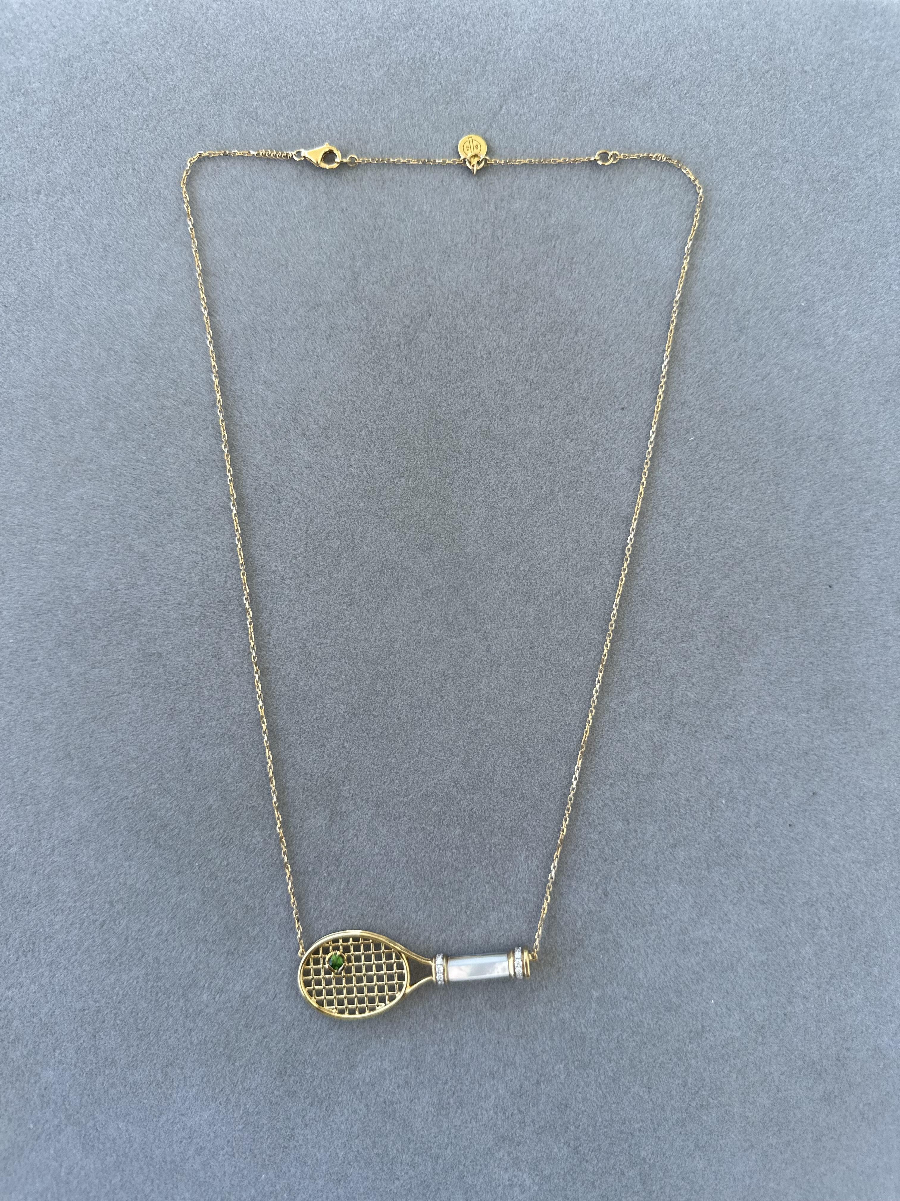 Diamond White Pearl Emerald 18 Karat Gold Tennis Racket Charm Pendant Necklace For Sale 1