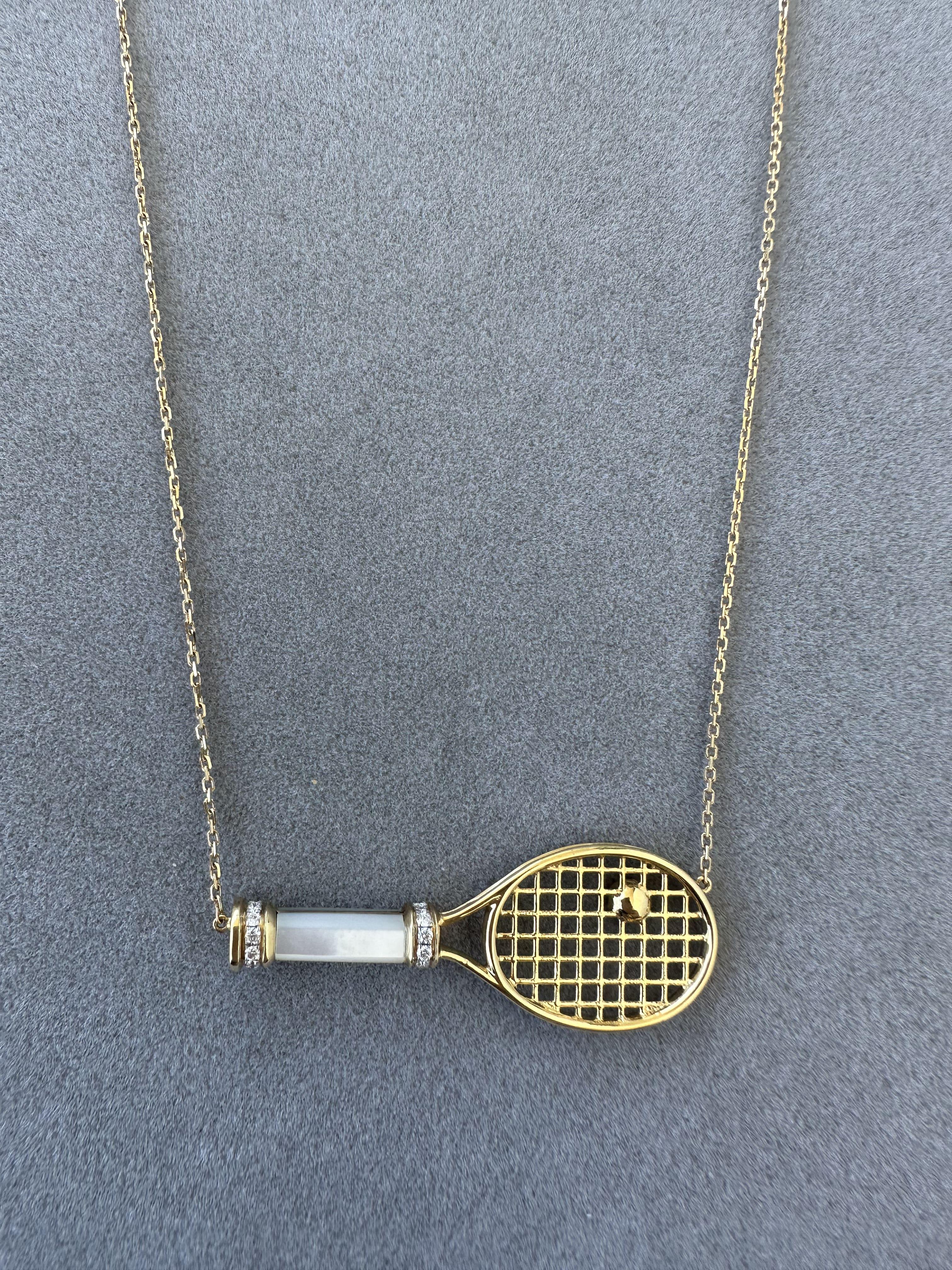 Diamond White Pearl Emerald 18 Karat Gold Tennis Racket Charm Pendant Necklace For Sale 3