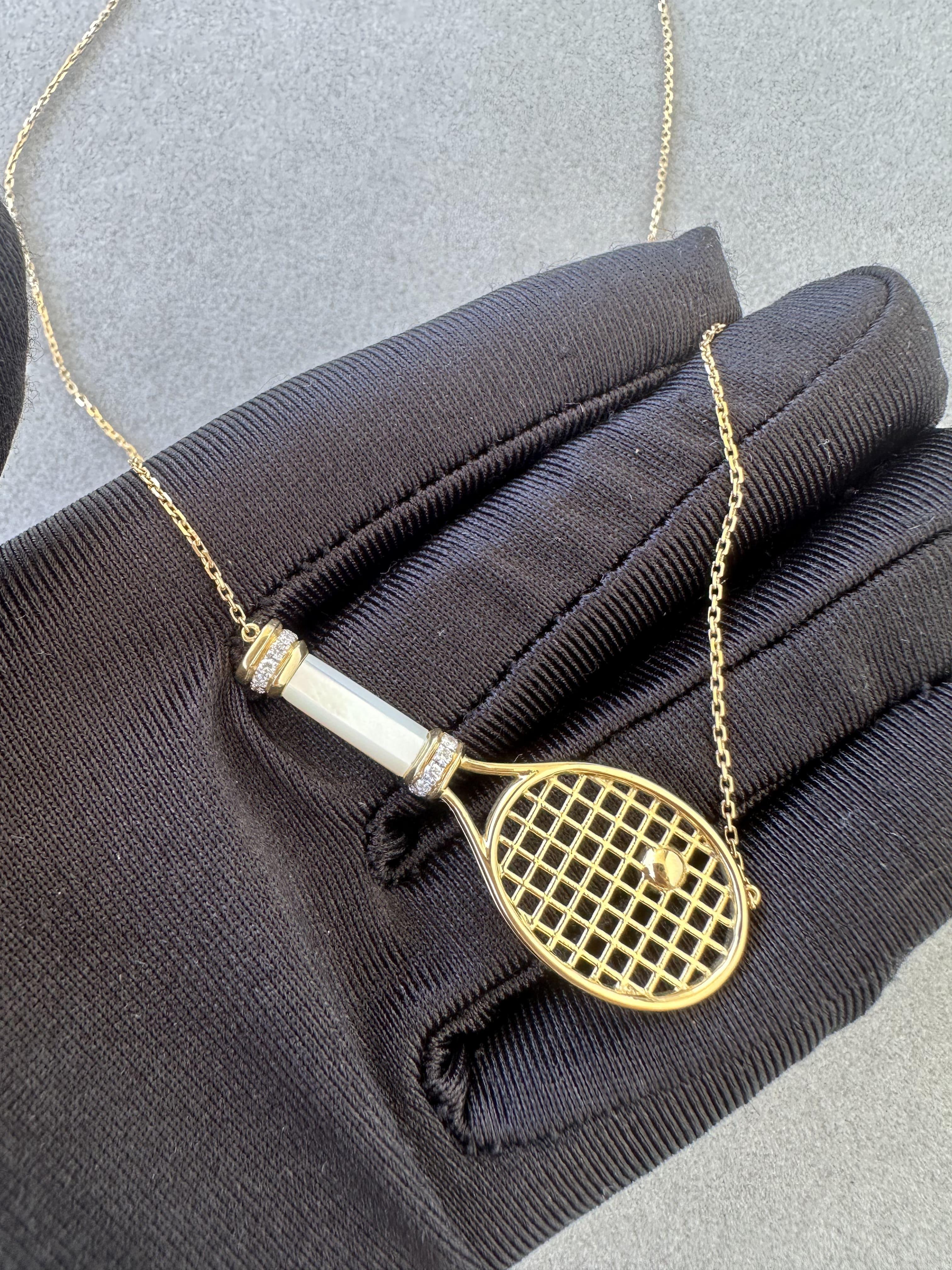 Diamond White Pearl Emerald 18 Karat Gold Tennis Racket Charm Pendant Necklace For Sale 4