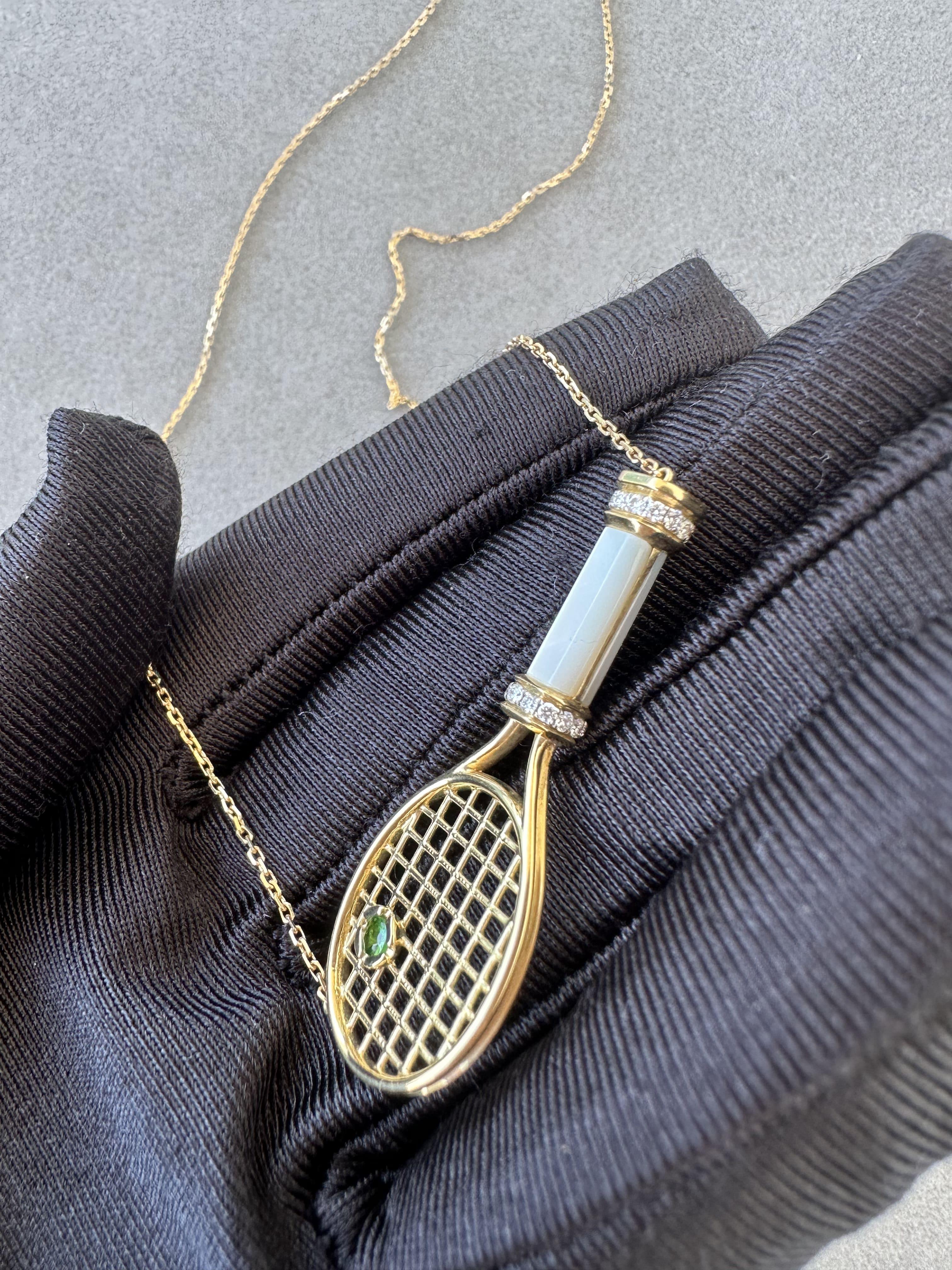 Diamond White Pearl Emerald 18 Karat Gold Tennis Racket Charm Pendant Necklace For Sale 5