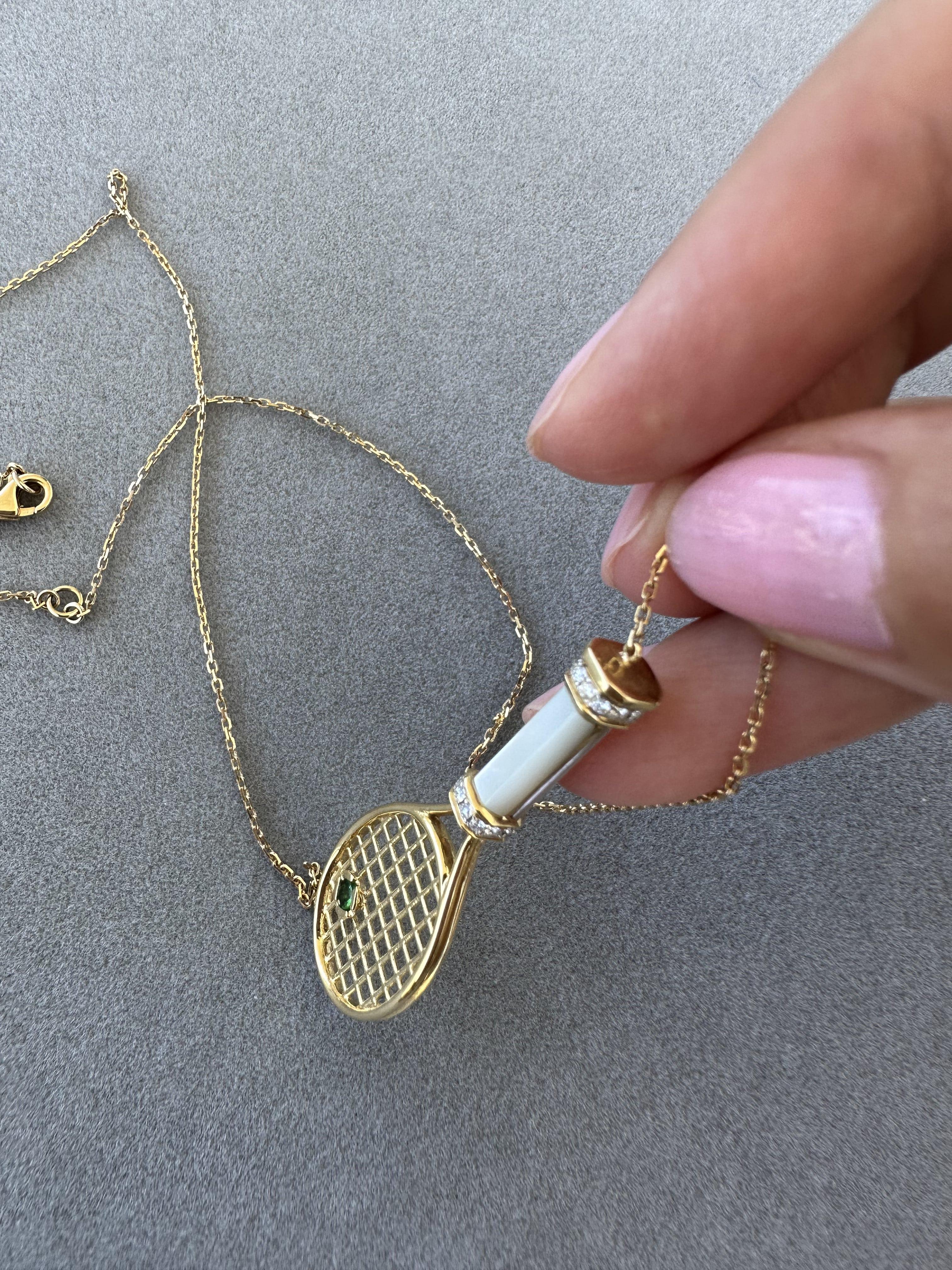 Diamond White Pearl Emerald 18 Karat Gold Tennis Racket Charm Pendant Necklace For Sale 6