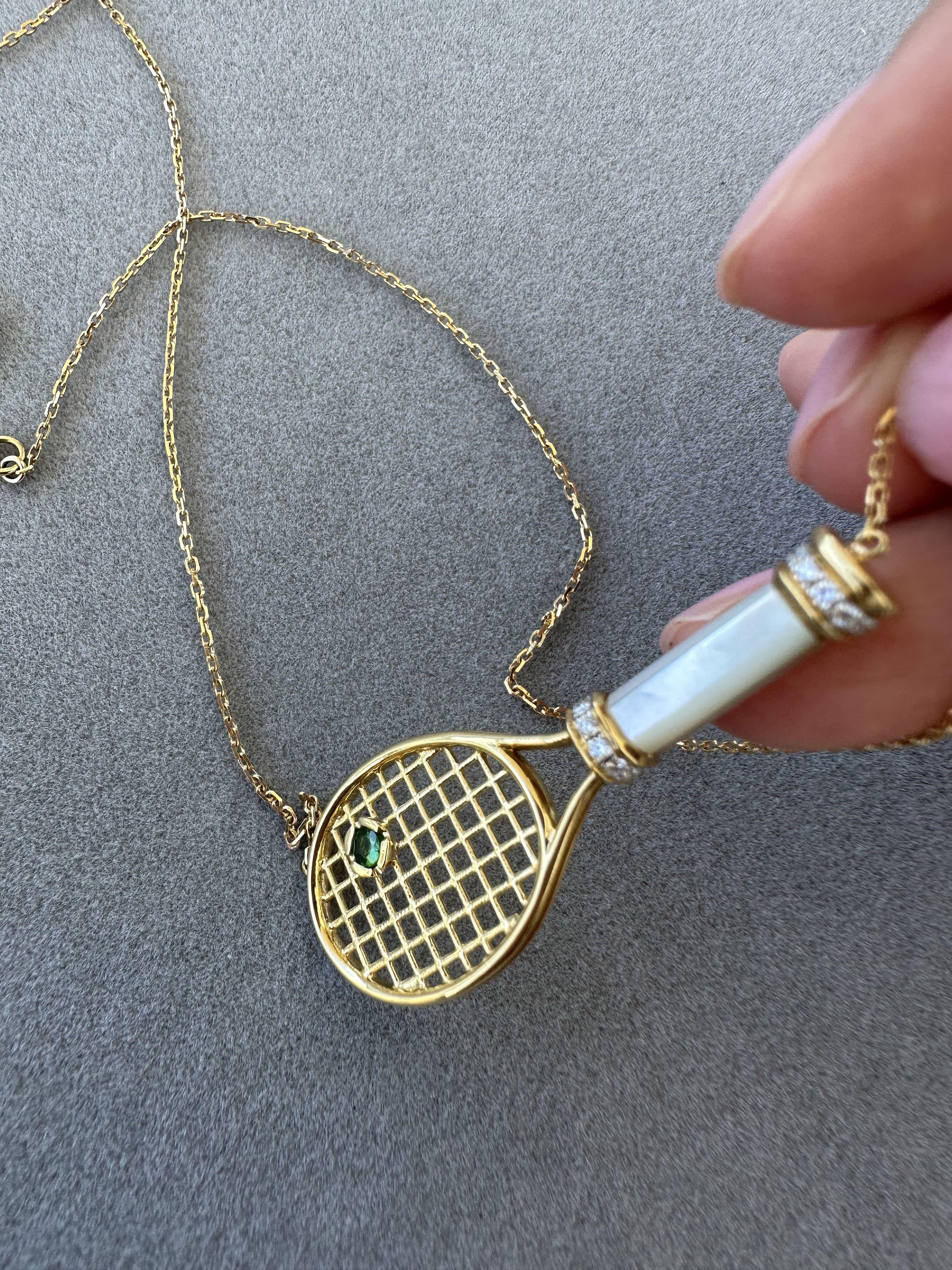 Diamond White Pearl Emerald 18 Karat Gold Tennis Racket Charm Pendant Necklace For Sale 7