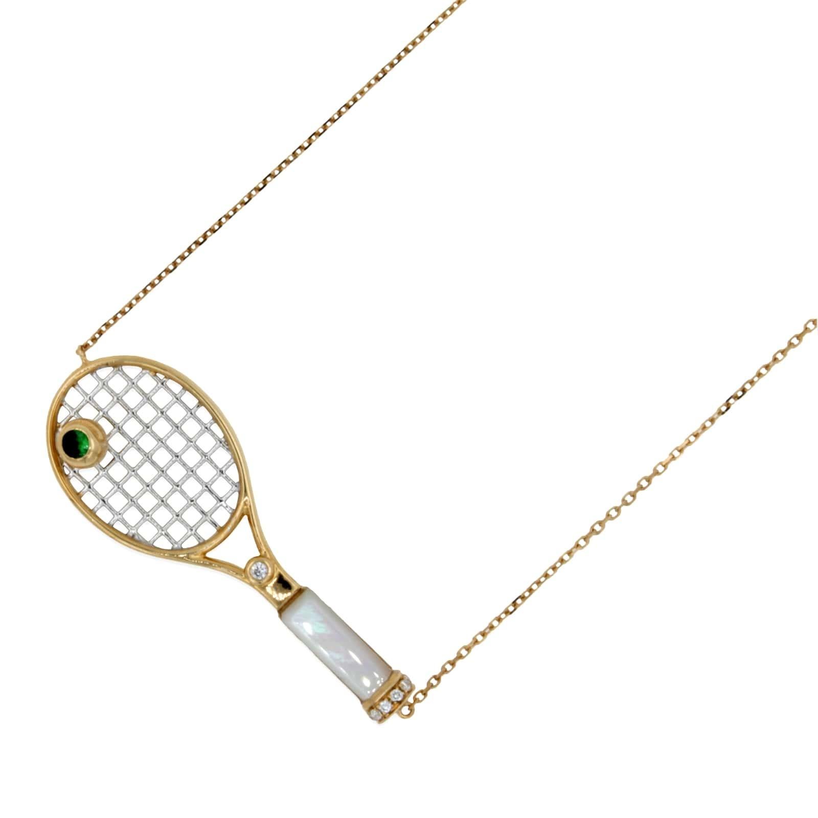 Approximate Ace Racket Length: 1.77” inches / 4.5 centimeters 
Designed & Handmade in Washington, D.C. USA
18K Yellow Gold
White Mother of Pearl Gemstone Handle
Green Emerald Tennis Ball Gemstone
0.25 cts Diamonds
16-18 inches Diamond-Cut Link Cable