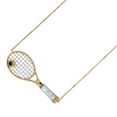 Diamond White Pearl Emerald 18 Karat Gold Tennis Racket Charm Pendant Necklace