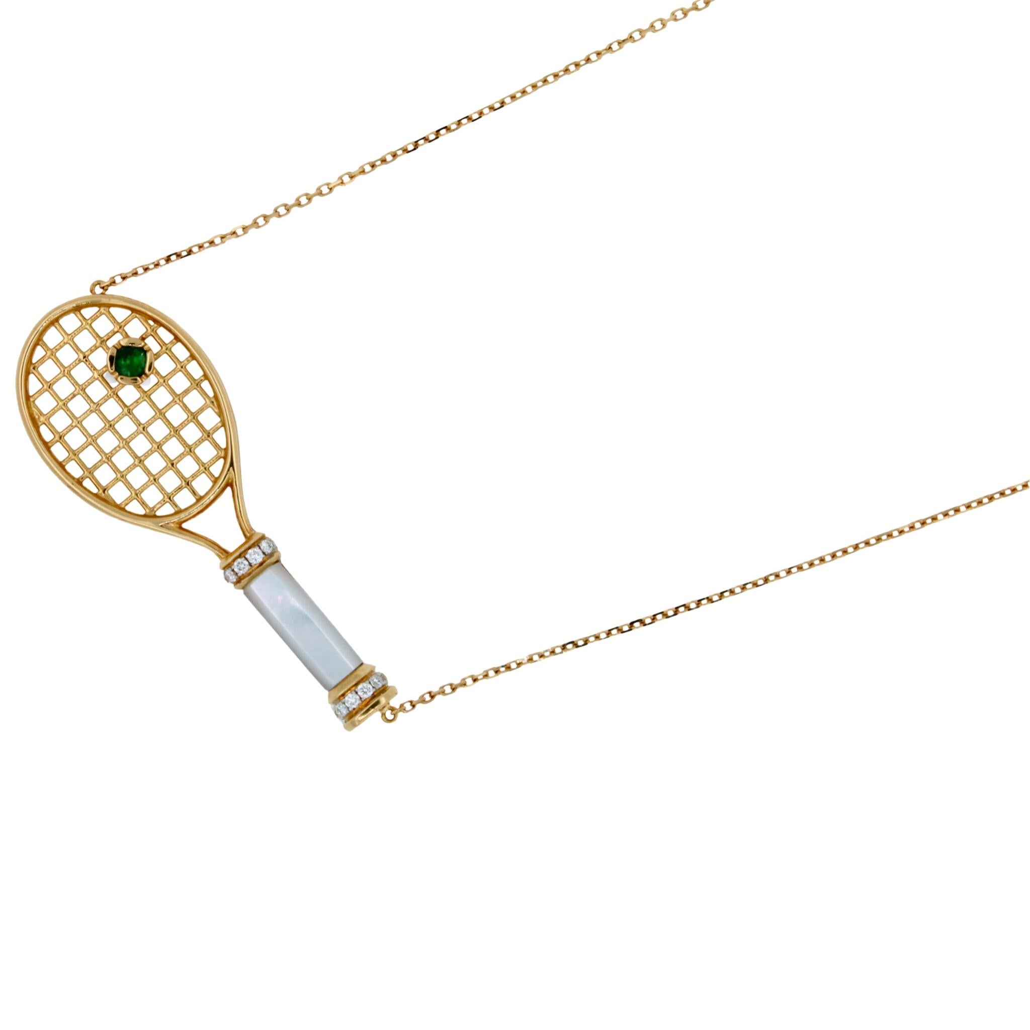 Approximate Ace Racket Length: 1.77” inches / 4.5 centimeters 
Designed & Handmade in Washington, D.C. USA
18K Yellow Gold
White Mother of Pearl Gemstone Handle
Green Emerald Tennis Ball Gemstone
0.25 cts Diamonds
16-18 inches Diamond-Cut Link Cable