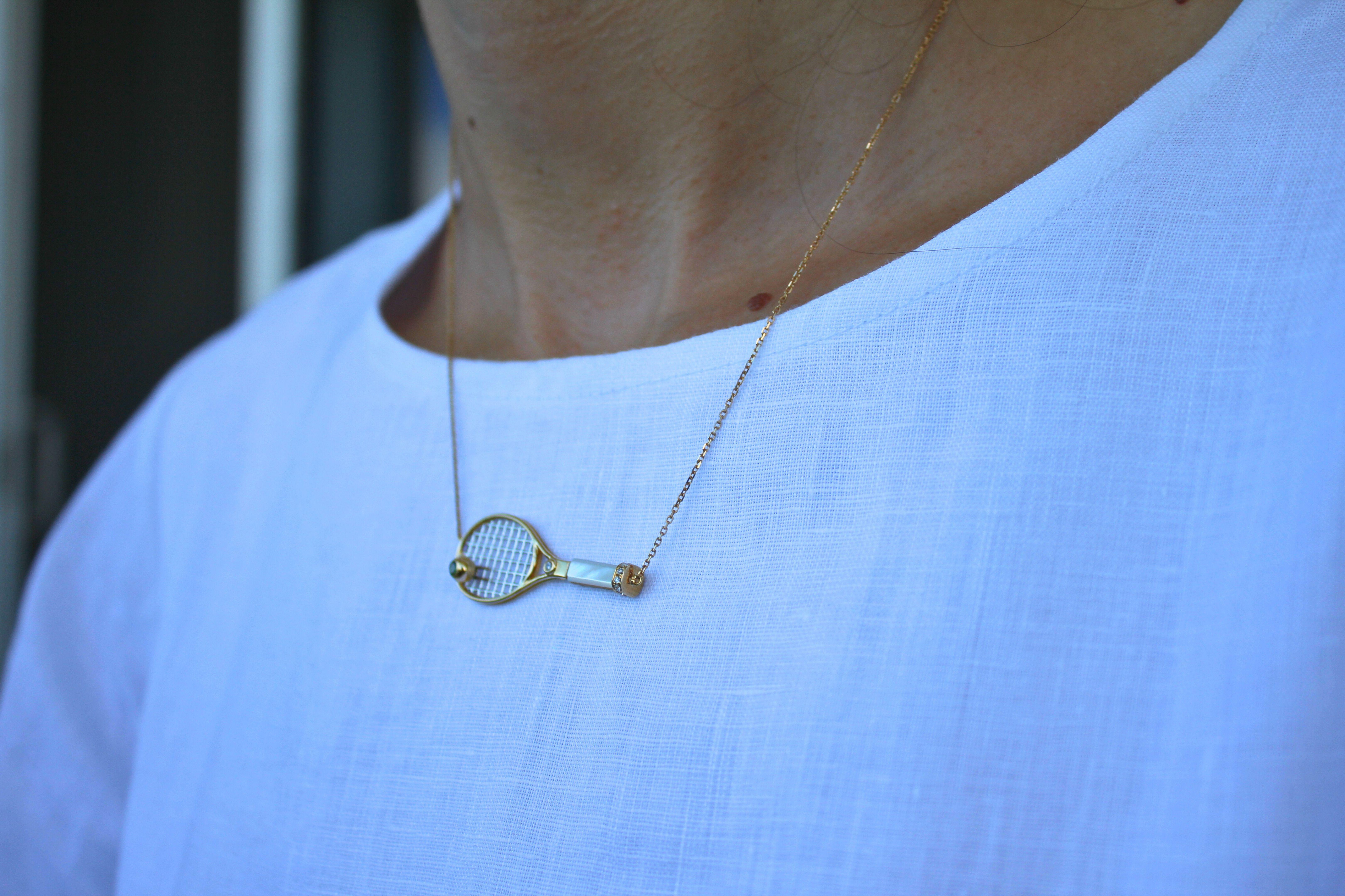 Modern Diamond White Pearl Emerald 18 Karat Gold Tennis Racket Charm Pendant Necklace For Sale
