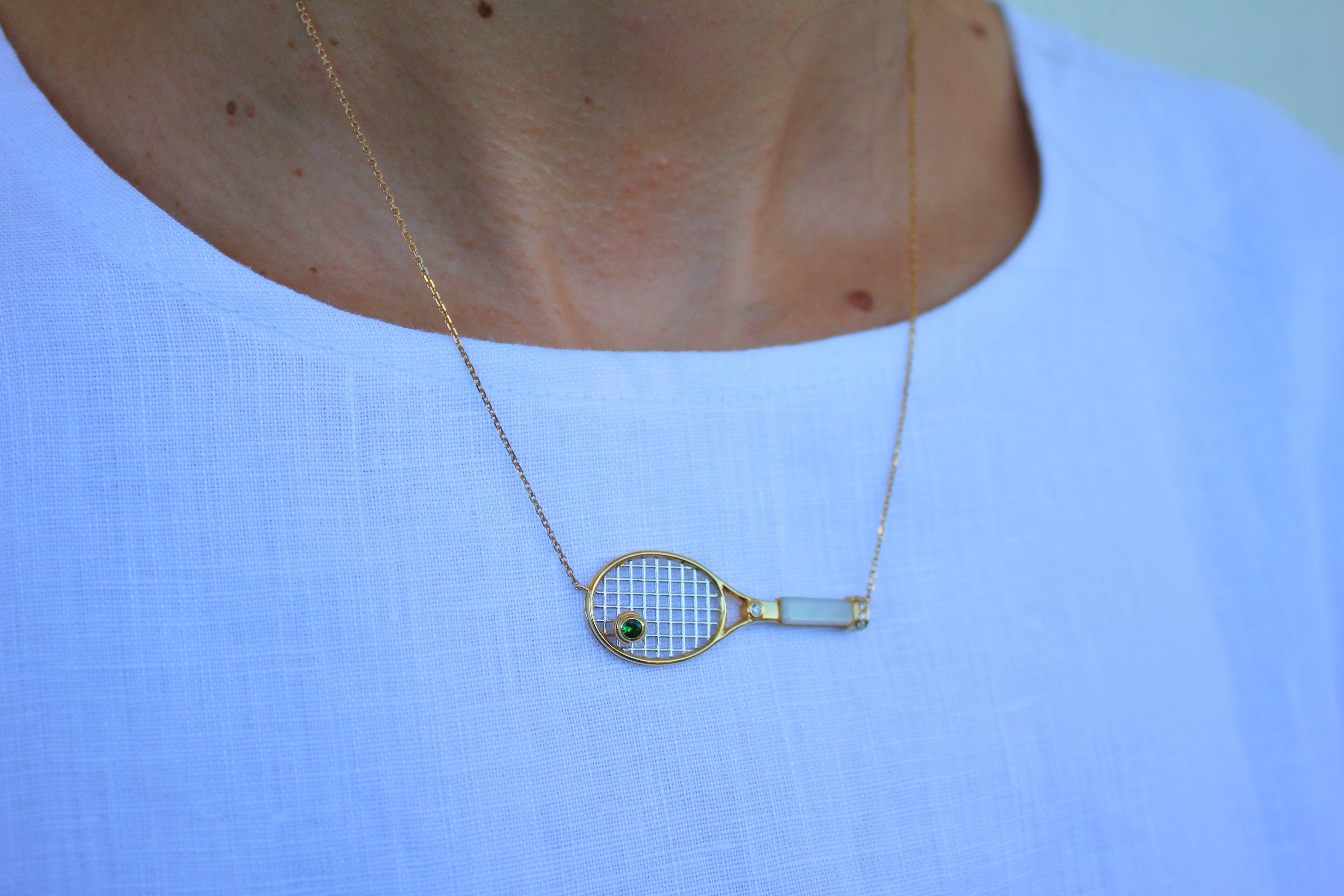 Cabochon Diamond White Pearl Emerald 18 Karat Gold Tennis Racket Charm Pendant Necklace For Sale