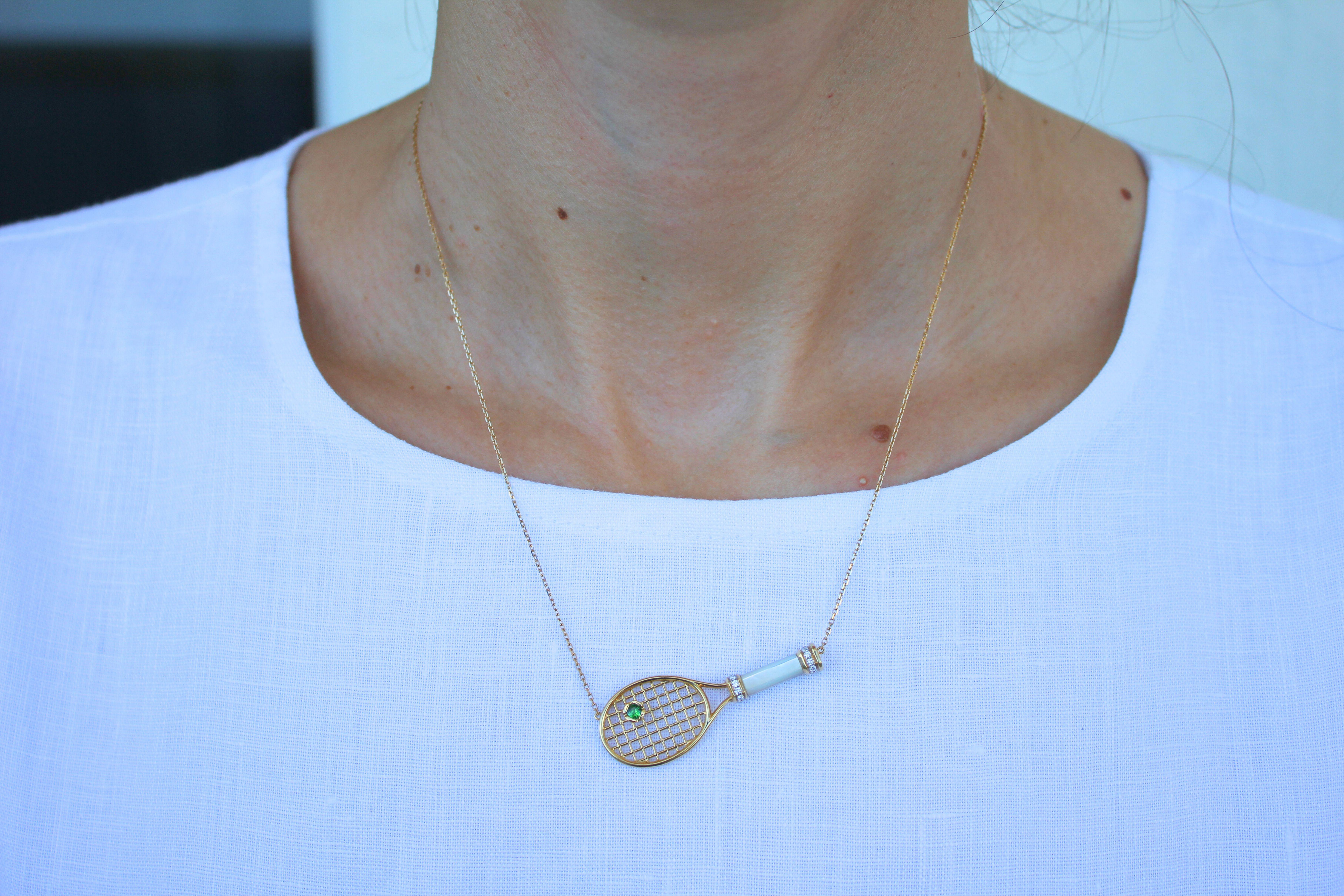 Modern Diamond White Pearl Emerald 18 Karat Gold Tennis Racket Charm Pendant Necklace For Sale