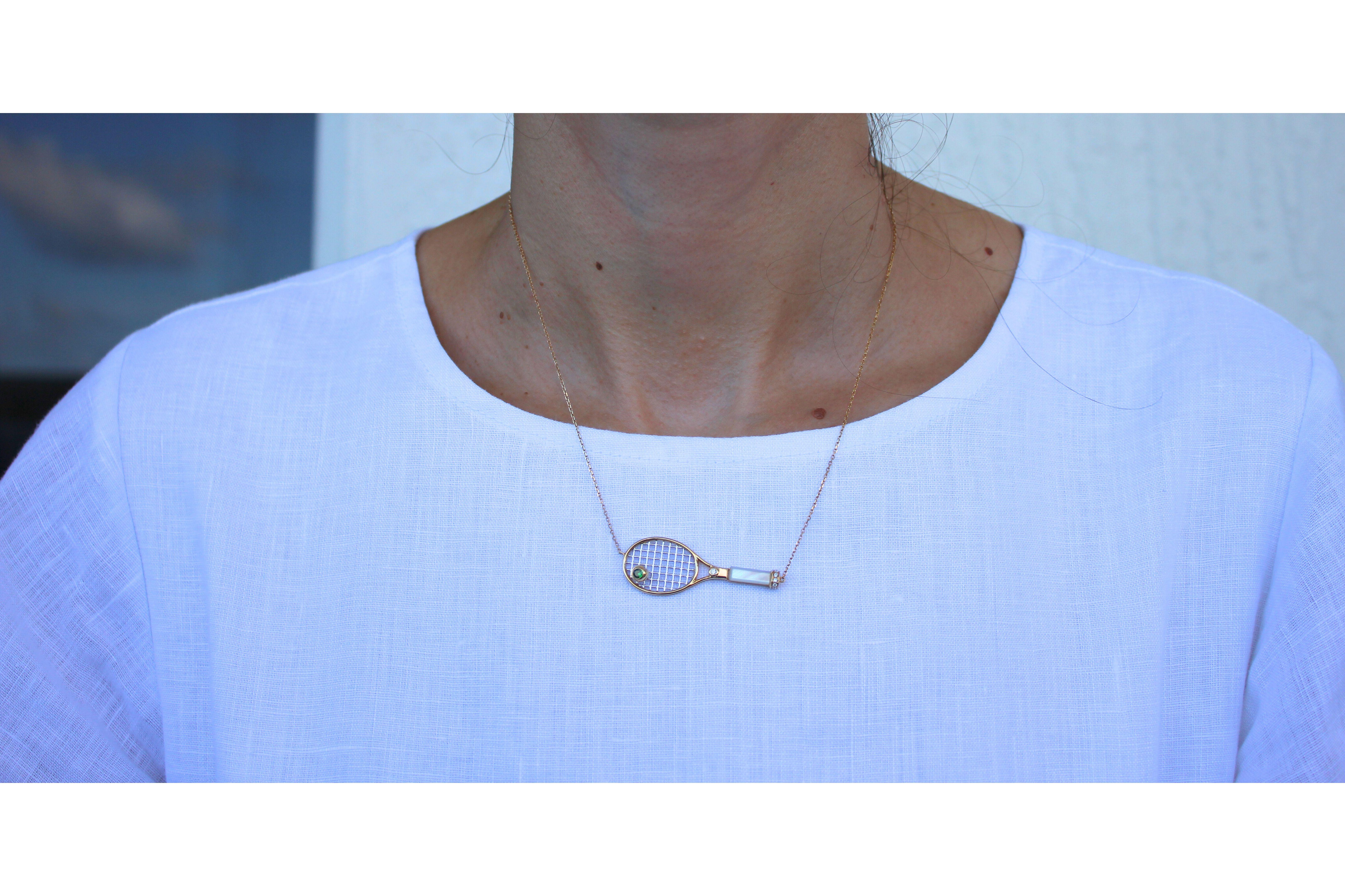 Diamond White Pearl Emerald 18 Karat Gold Tennis Racket Charm Pendant Necklace In New Condition For Sale In Oakton, VA
