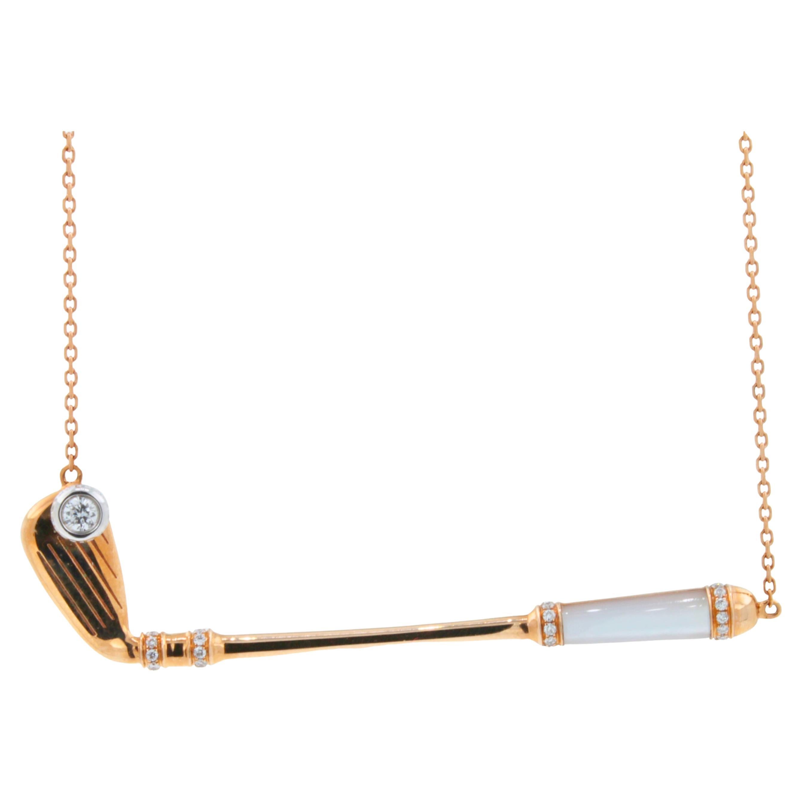 Diamond White Pearl Golf Club Birdie Charm 18 Karat Rose Gold Necklace Pendant For Sale