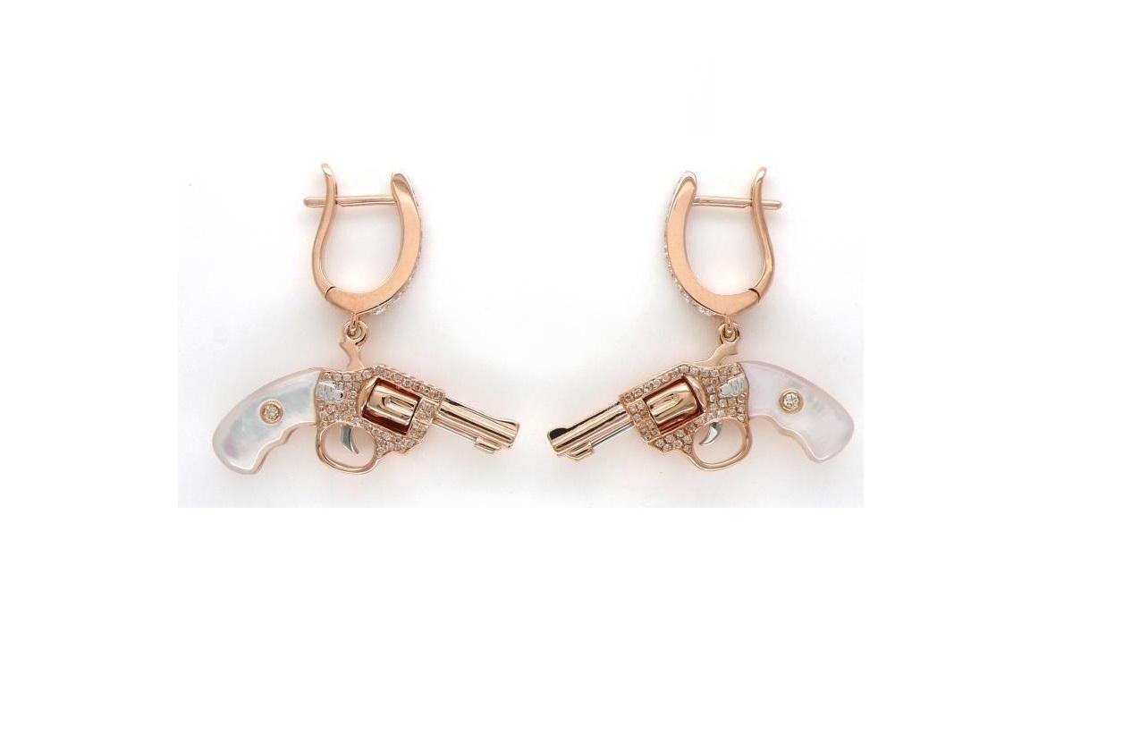 Diamond White Mother of Pearl Gun Revolver 18 Karat Rose Gold Huggie Pave Drop Earrings
18K Rose Gold
White Mother of Pearl Revolver Gun Earrings
1.40 cts Pave Diamonds 

This is a combination of solid rose + white gold + white MOP handle design.