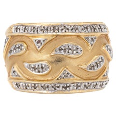 Diamond Wide Band Cigar Ring Retro 14 Karat Yellow Gold Wave Design Jewelry